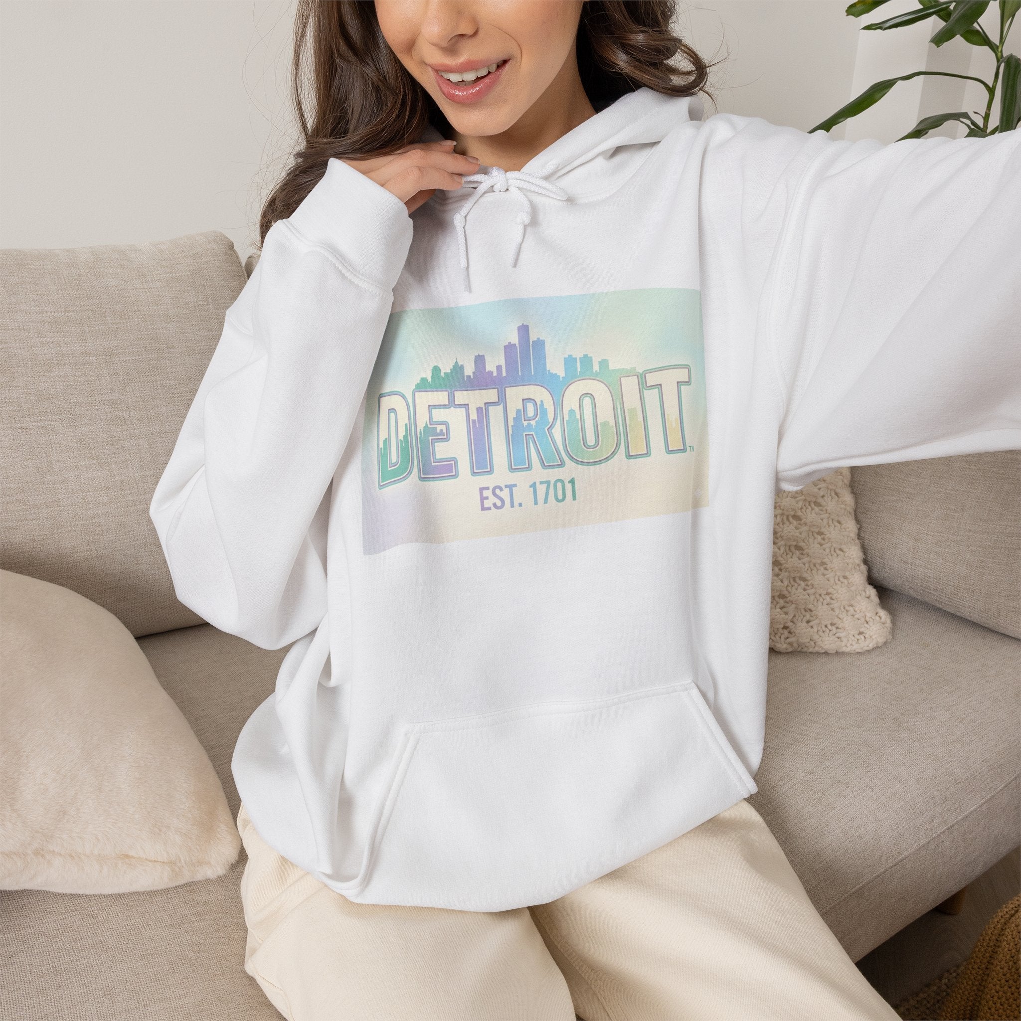 Women's Detroit Skyline Hoodie — Pastel Retro Cityscape "DETROIT Est. 1701"