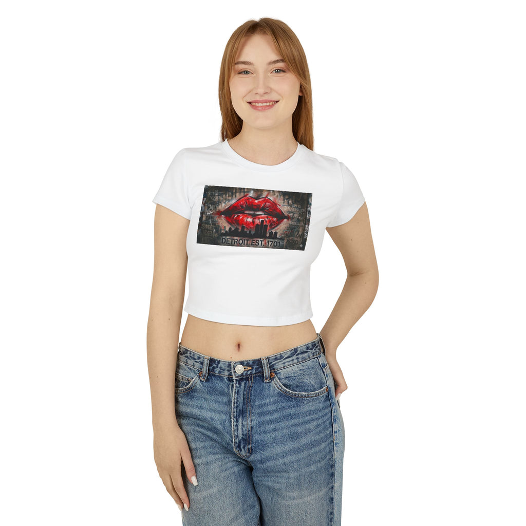 Women's Detroit Red Lips Crop Baby Tee — Graffiti Skyline Graphic