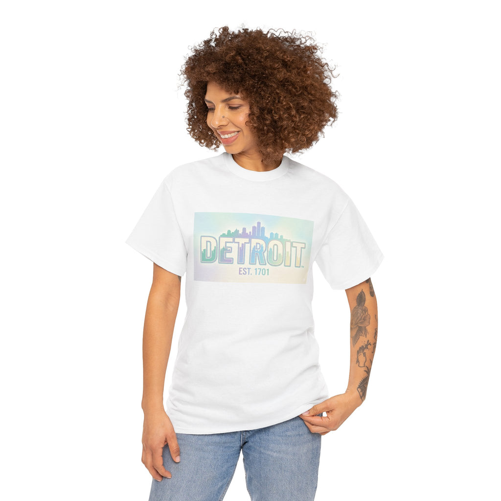 Women's Detroit Skyline T Shirt — Pastel Retro Cityscape "DETROIT Est. 1701"