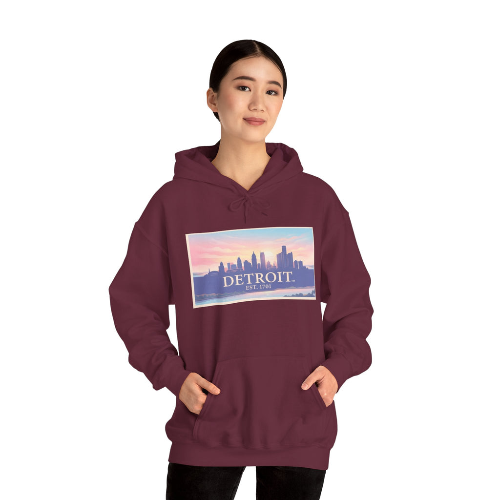 Women's Detroit Skyline Hoodie – Pastel Sunrise Cityscape