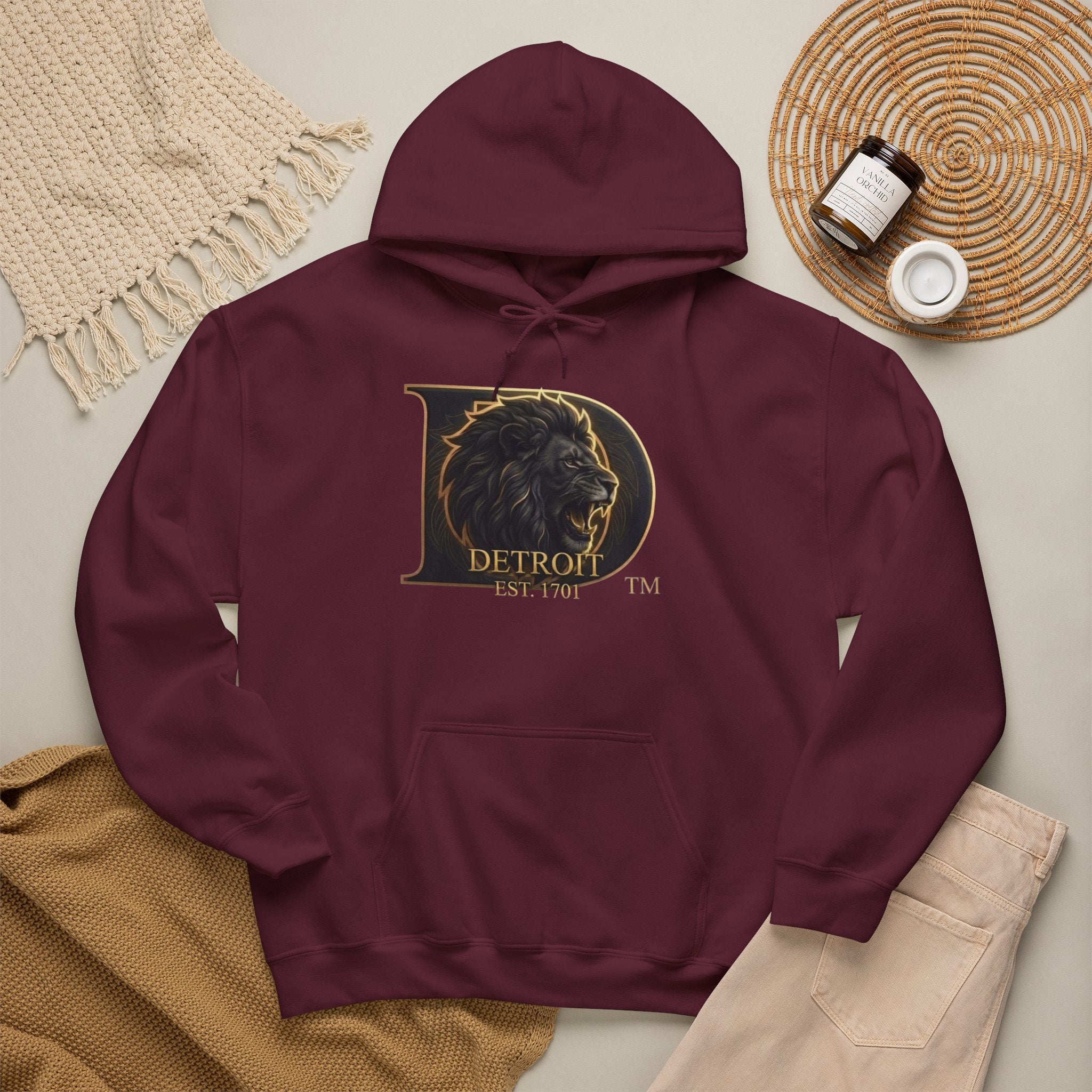 Detroit Pride Lion D Hoodie — Gold Monogram Graphic Pullover | Motor City Heritage