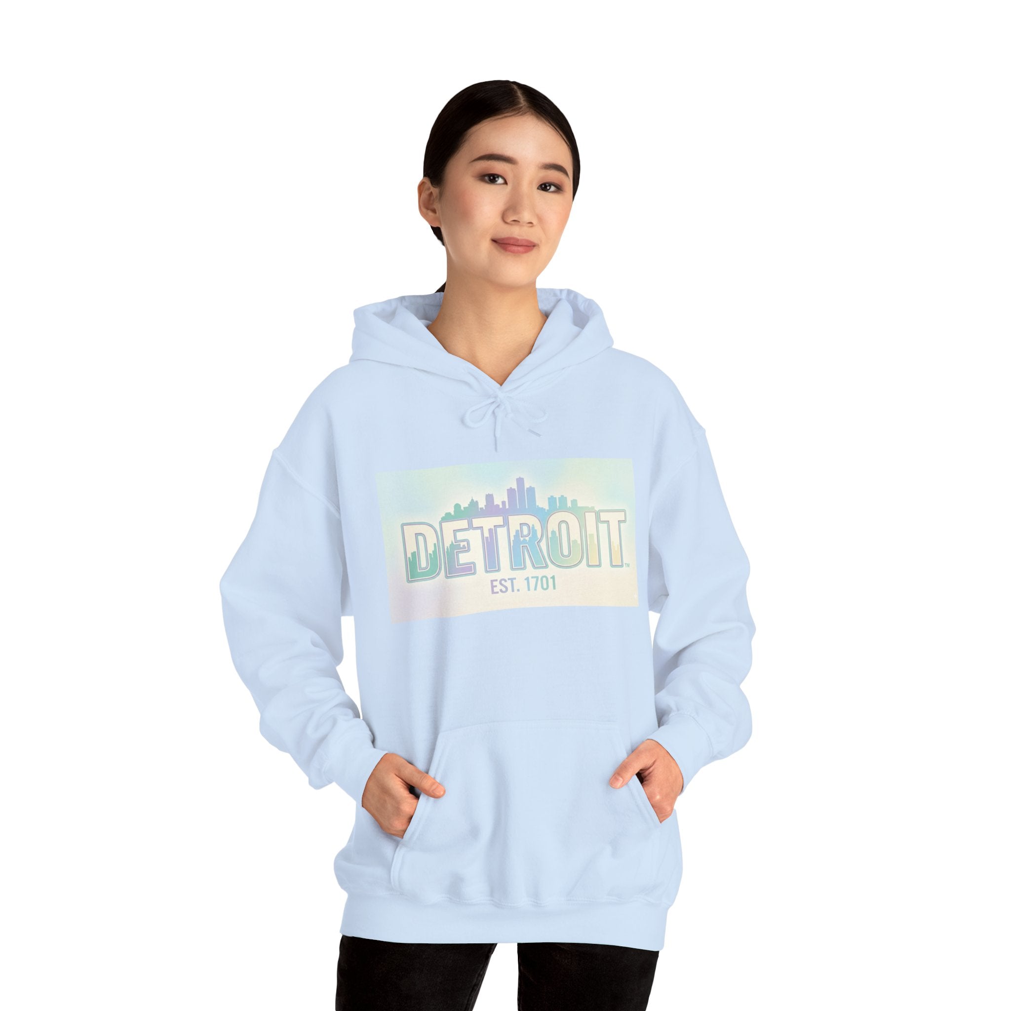 Women's Detroit Skyline Hoodie — Pastel Retro Cityscape "DETROIT Est. 1701"
