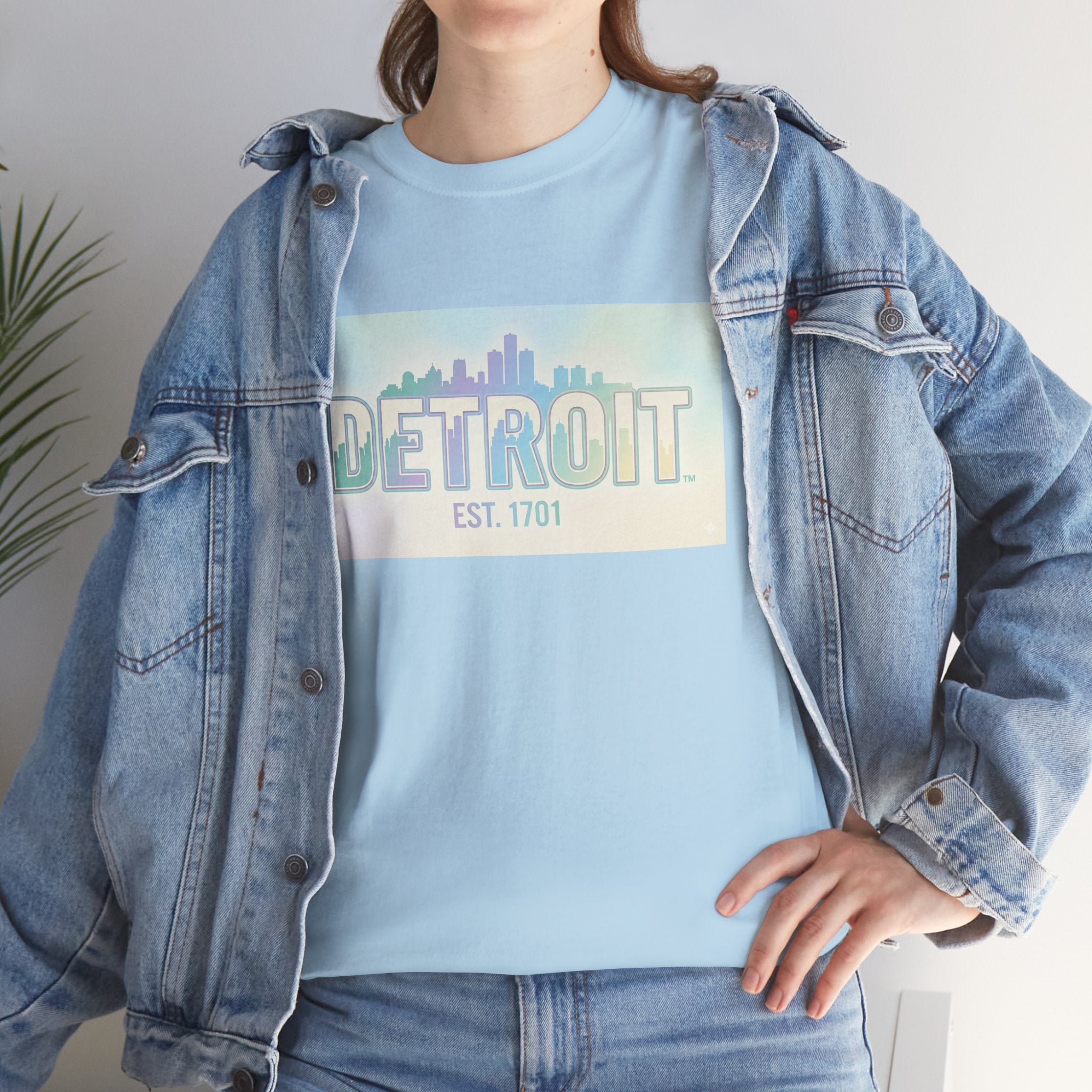 Women's Detroit Skyline T Shirt — Pastel Retro Cityscape "DETROIT Est. 1701"