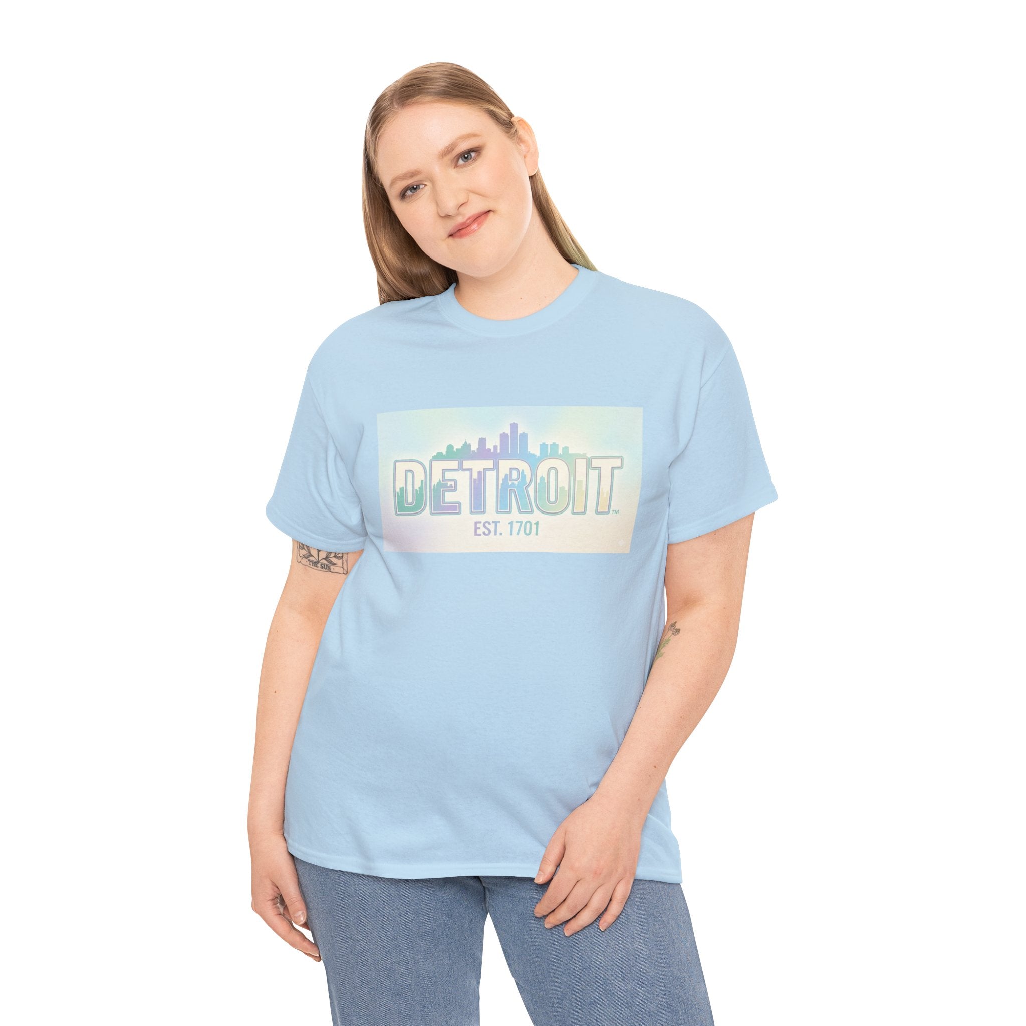 Women's Detroit Skyline T Shirt — Pastel Retro Cityscape "DETROIT Est. 1701"