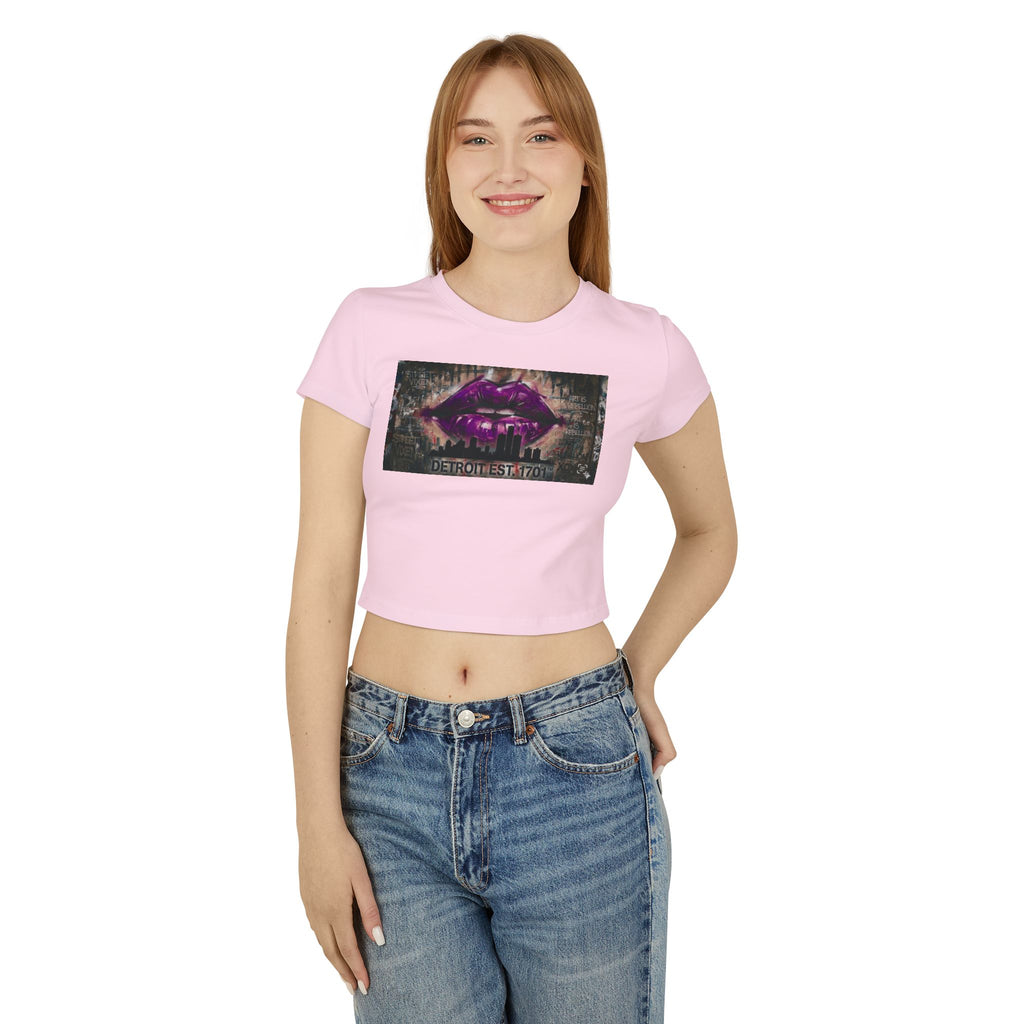 Women's Detroit Purple Lips Crop Baby Tee — Graffiti Skyline Graphic