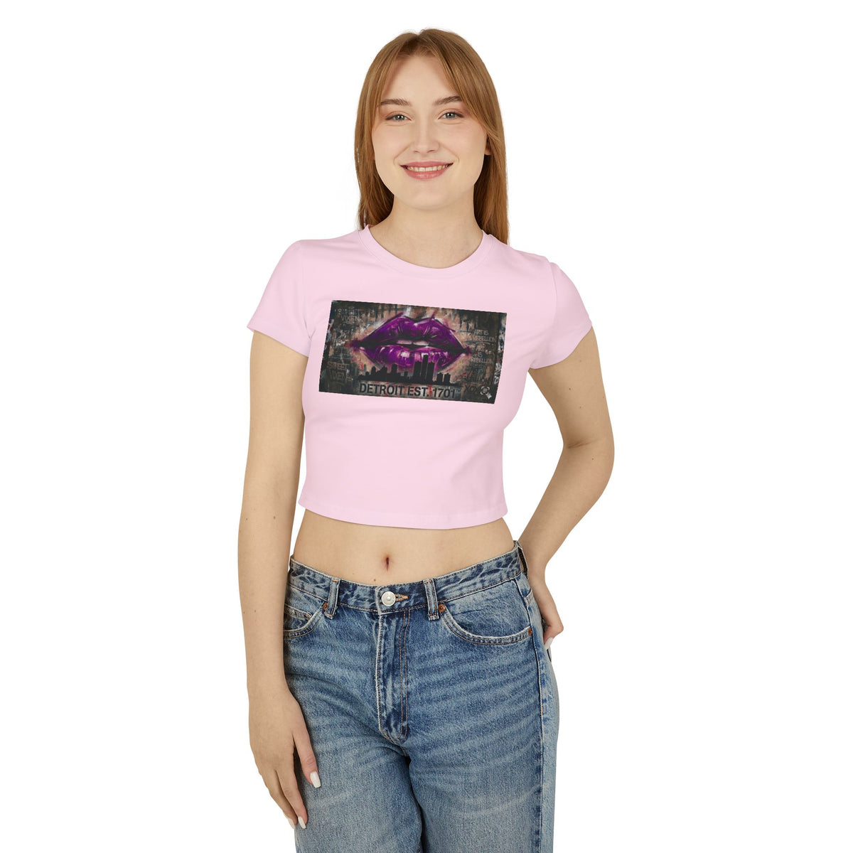 Women's Detroit Purple Lips Crop Baby Tee — Graffiti Skyline Graphic