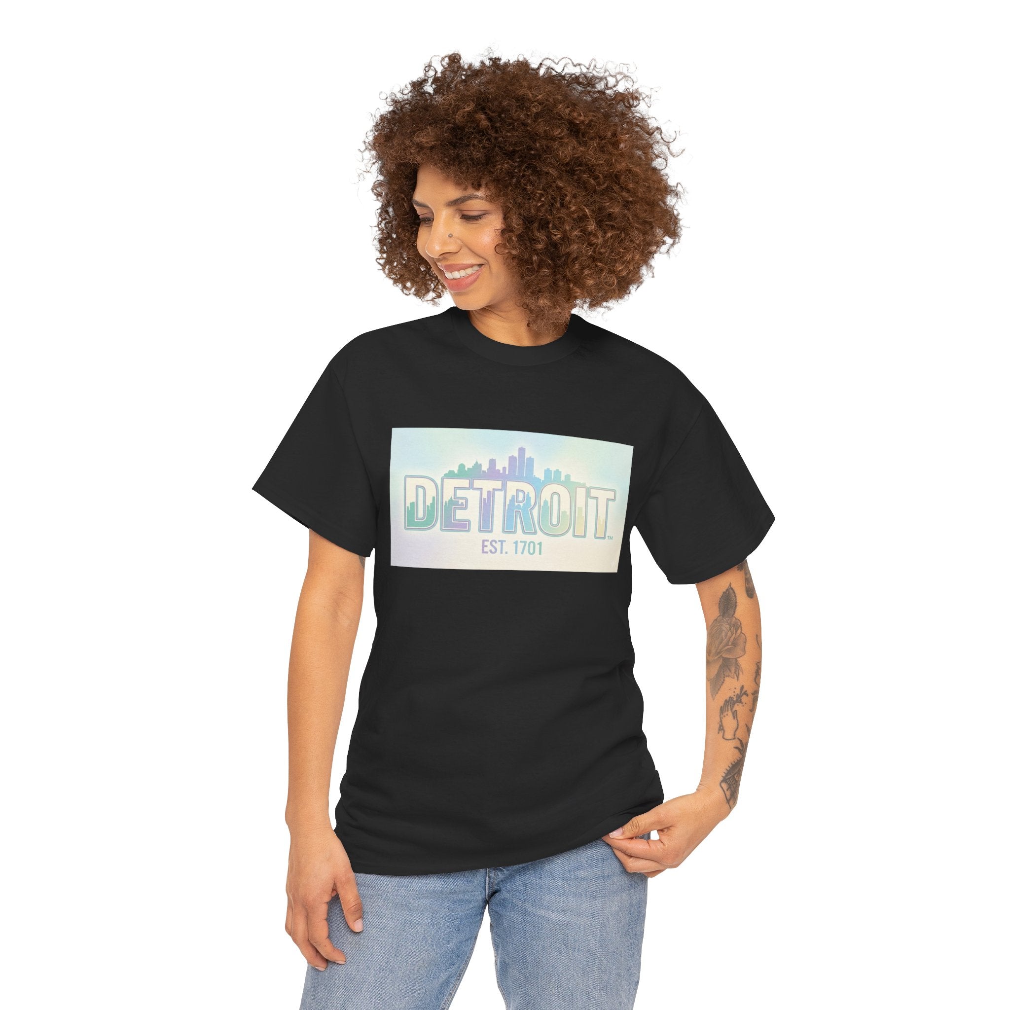 Women's Detroit Skyline T Shirt — Pastel Retro Cityscape "DETROIT Est. 1701"