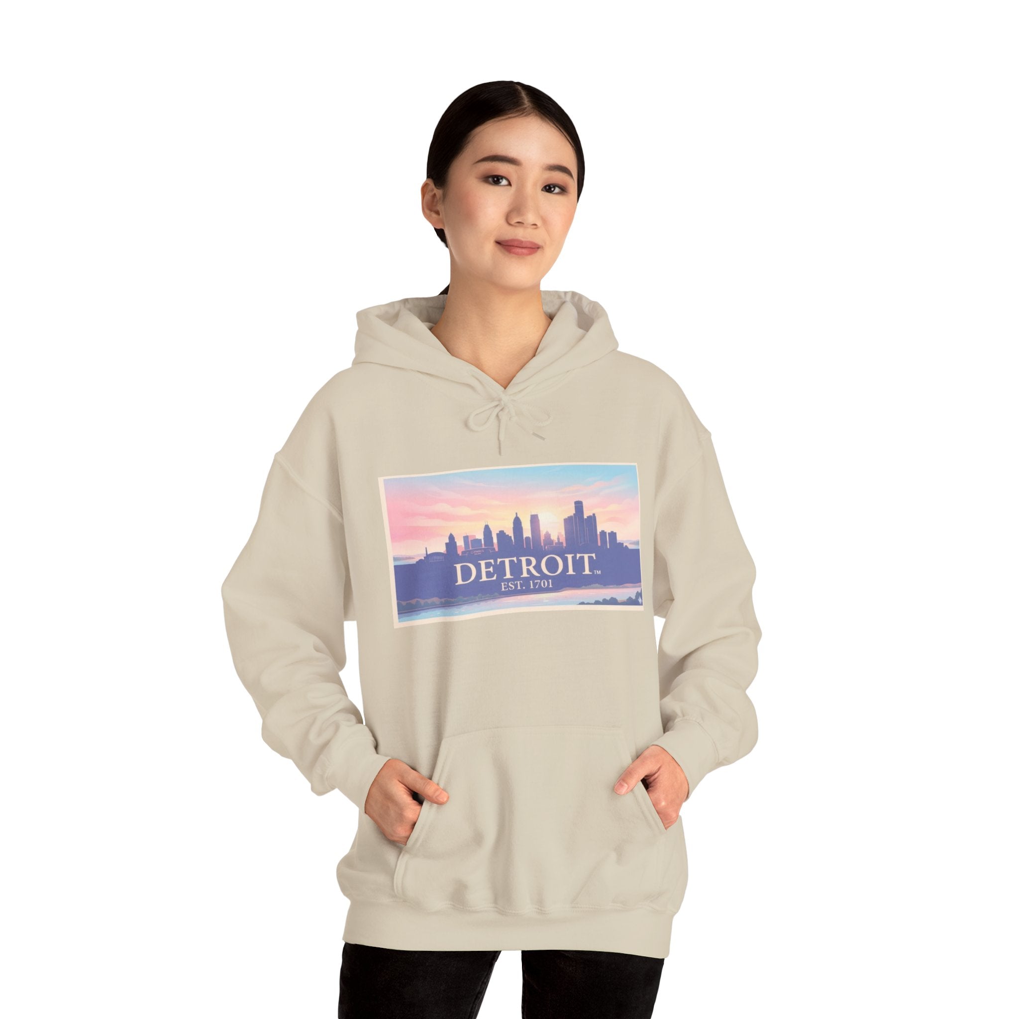 Women's Detroit Skyline Hoodie – Pastel Sunrise Cityscape