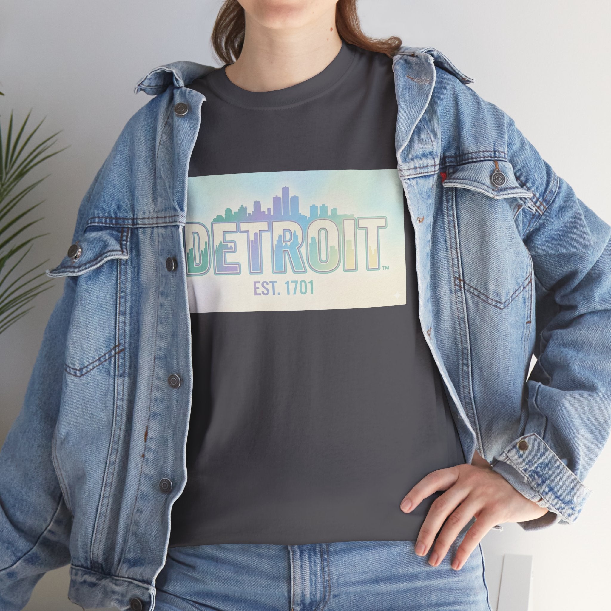Women's Detroit Skyline T Shirt — Pastel Retro Cityscape "DETROIT Est. 1701"