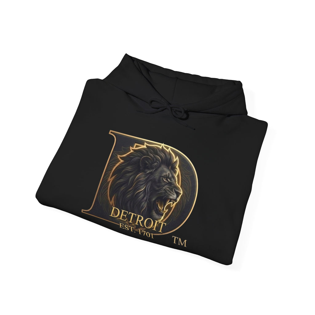 Detroit Pride Lion D Hoodie — Gold Monogram Graphic Pullover | Motor City Heritage