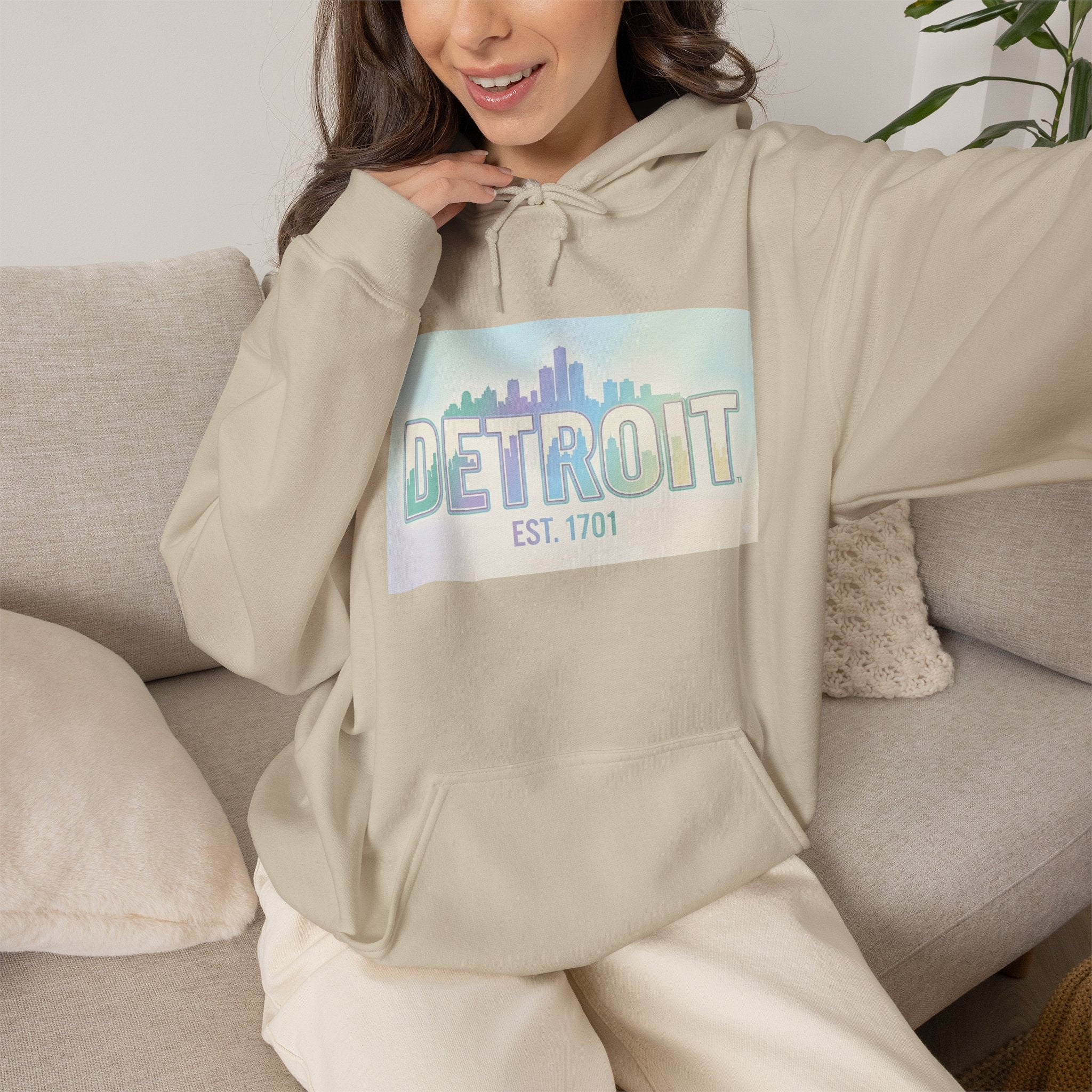 Women's Detroit Skyline Hoodie — Pastel Retro Cityscape "DETROIT Est. 1701"