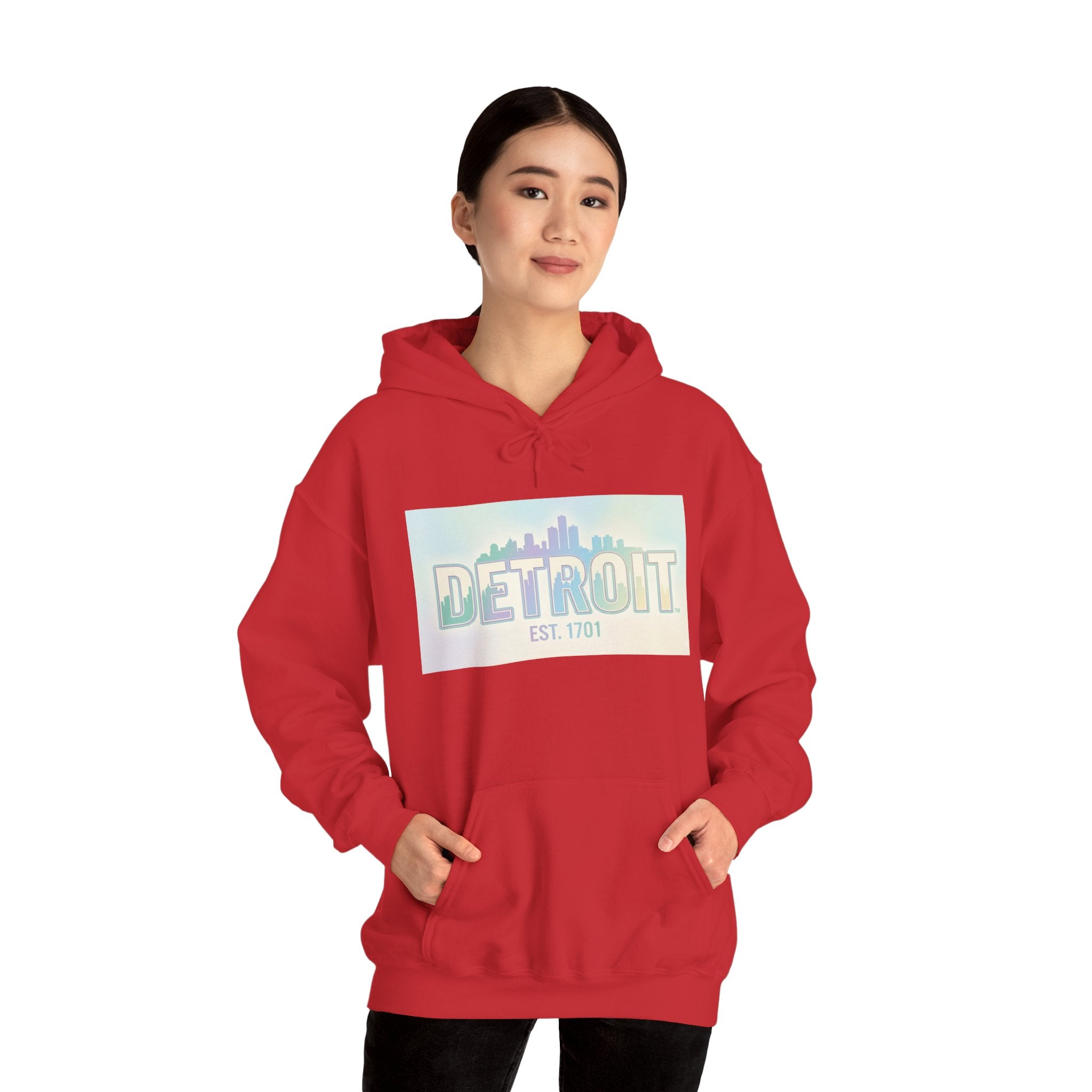 Women's Detroit Skyline Hoodie — Pastel Retro Cityscape "DETROIT Est. 1701"