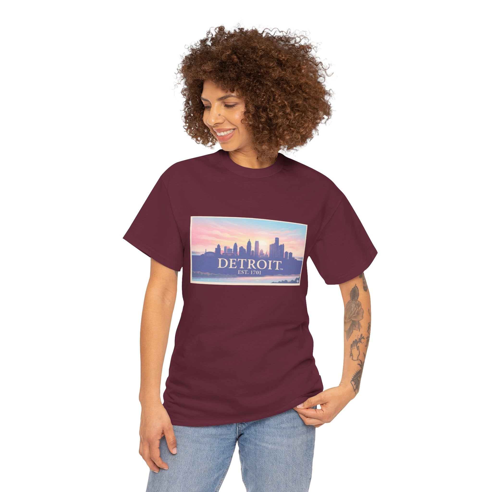Women's Detroit Skyline T-Shirt – Pastel Sunset Cityscape