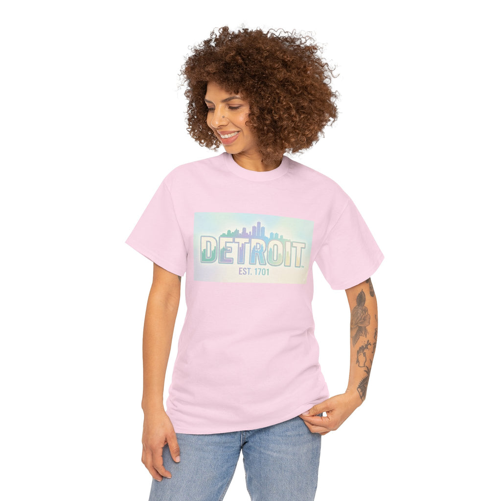 Women's Detroit Skyline T Shirt — Pastel Retro Cityscape "DETROIT Est. 1701"