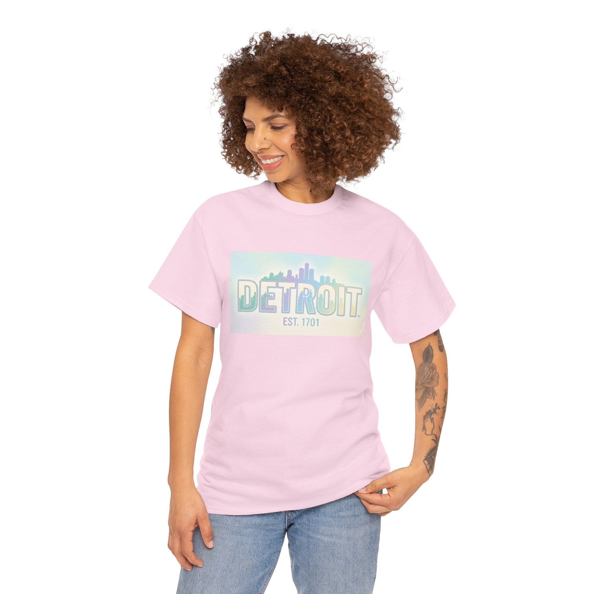 Women's Detroit Skyline T Shirt — Pastel Retro Cityscape "DETROIT Est. 1701"
