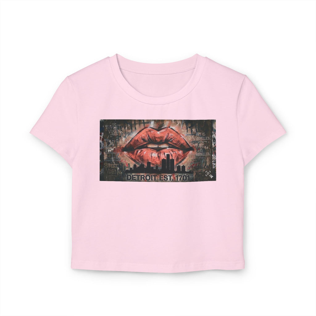Women's Detroit Peach Lips Crop Baby Tee — Graffiti Skyline Graphic