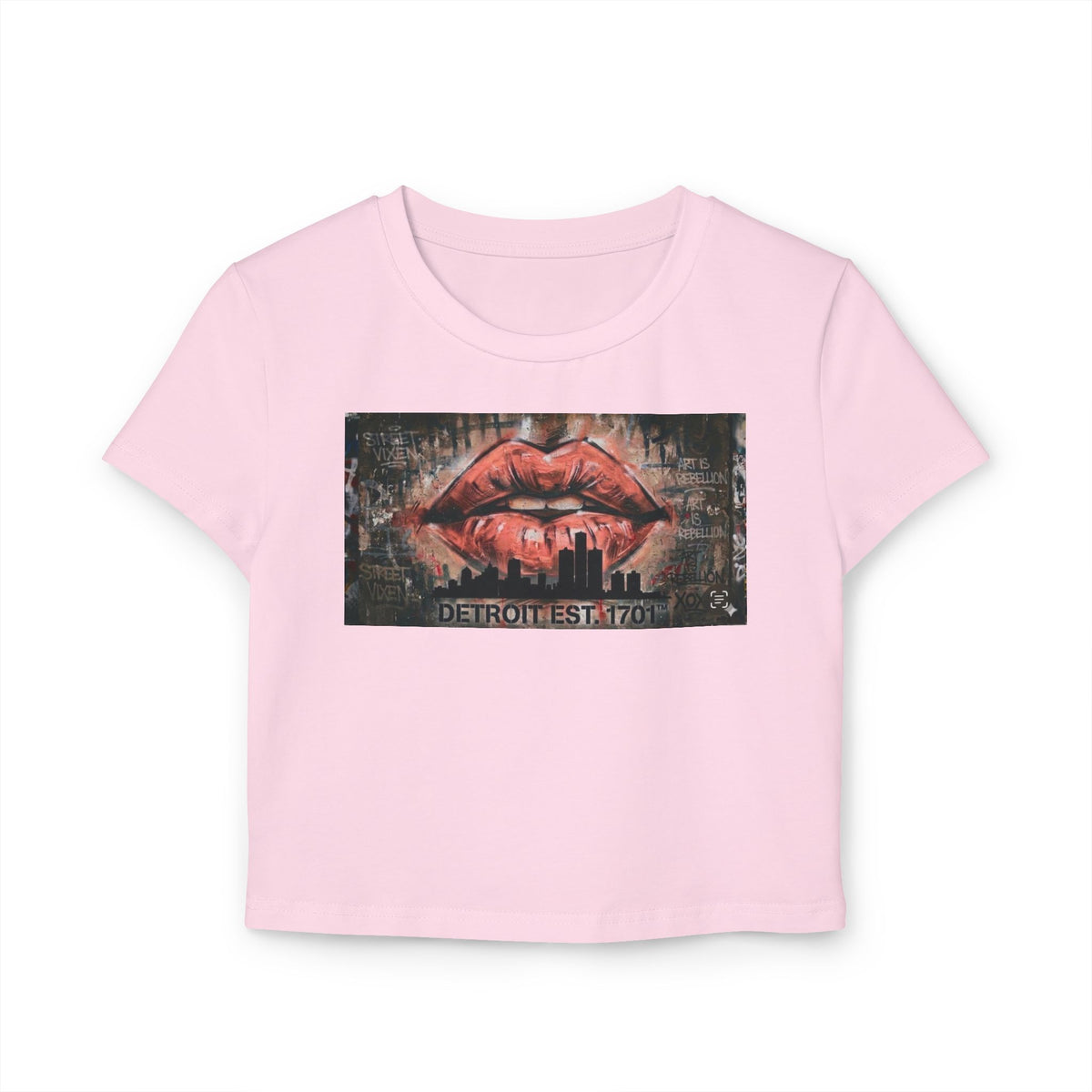 Women's Detroit Peach Lips Crop Baby Tee — Graffiti Skyline Graphic