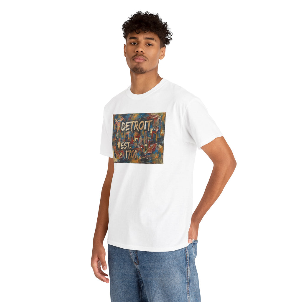 Detroit Abstract Painterly Mural T-Shirt — "DETROIT" Graphic Cotton Tee | Motor City Street Art