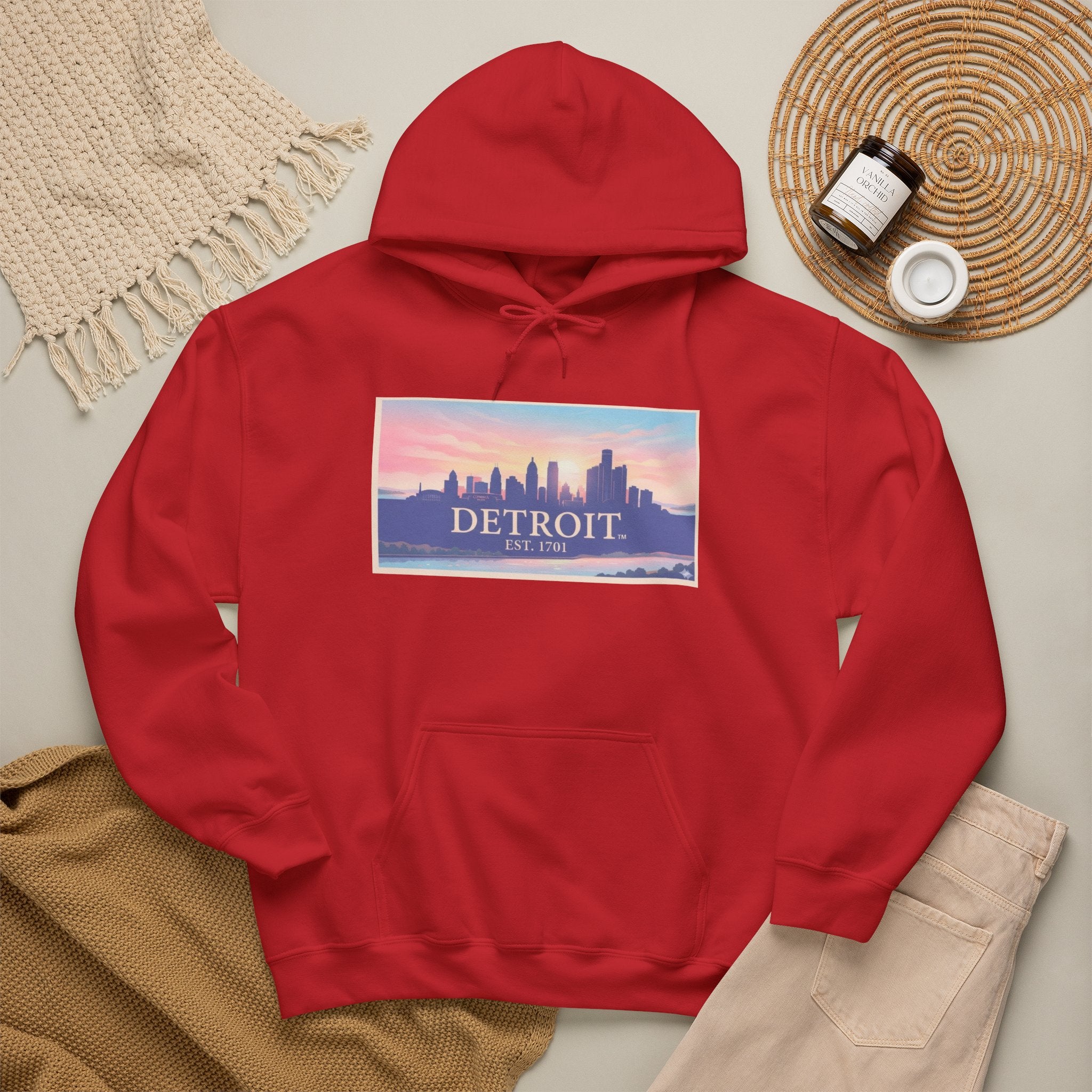 Women's Detroit Skyline Hoodie – Pastel Sunrise Cityscape