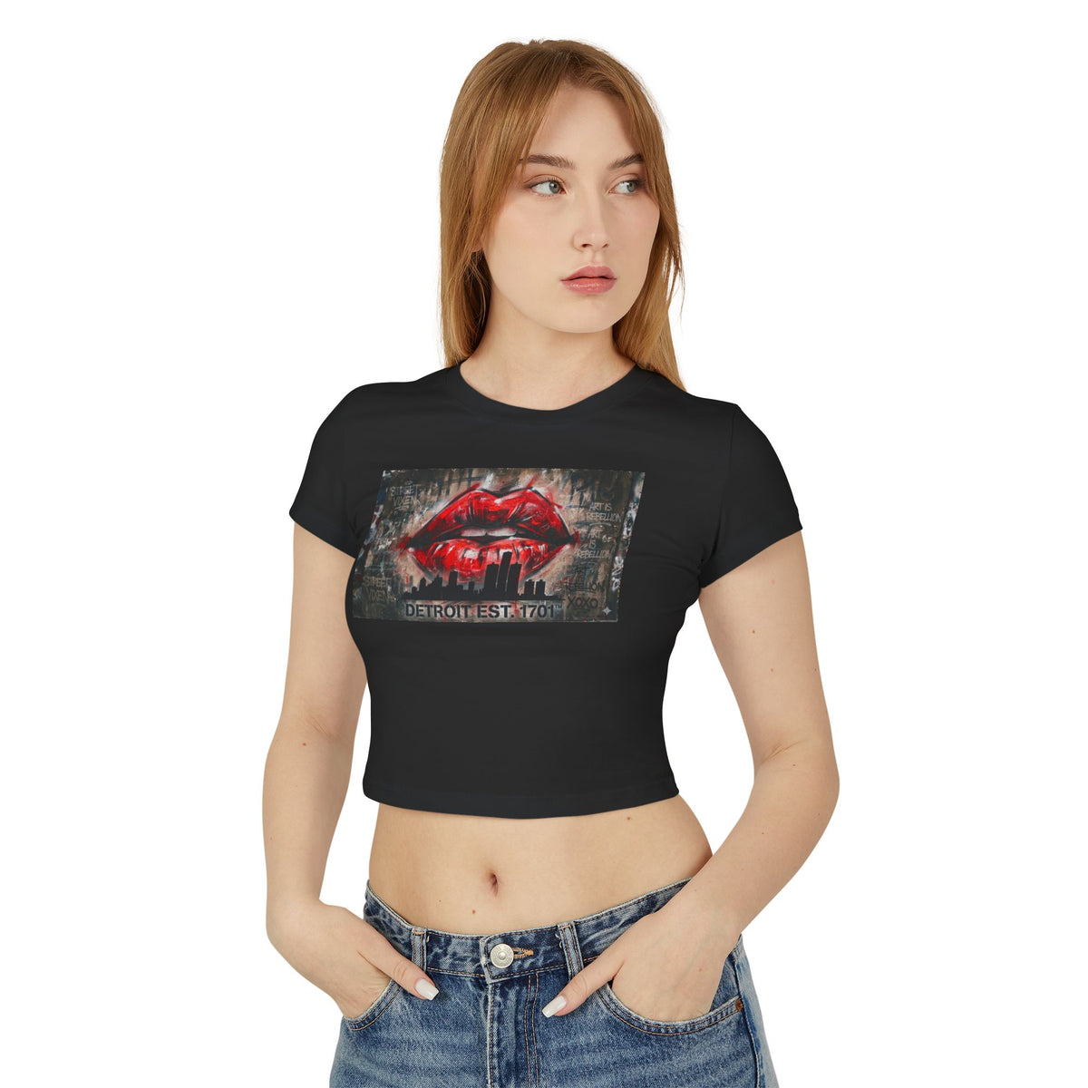Women's Detroit Red Lips Crop Baby Tee — Graffiti Skyline Graphic