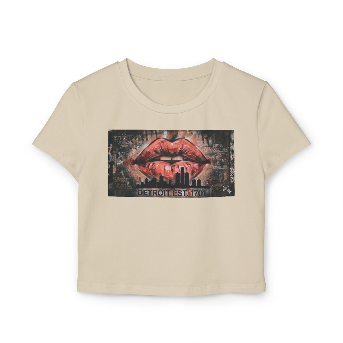 Women's Detroit Peach Lips Crop Baby Tee — Graffiti Skyline Graphic