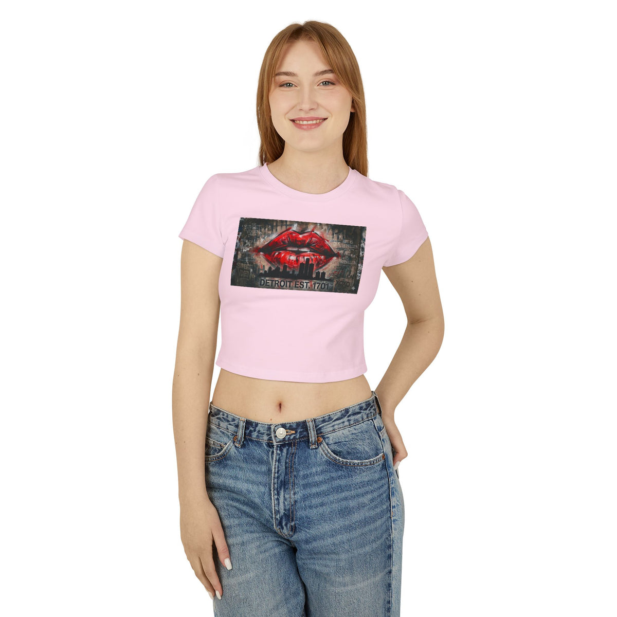 Women's Detroit Red Lips Crop Baby Tee — Graffiti Skyline Graphic