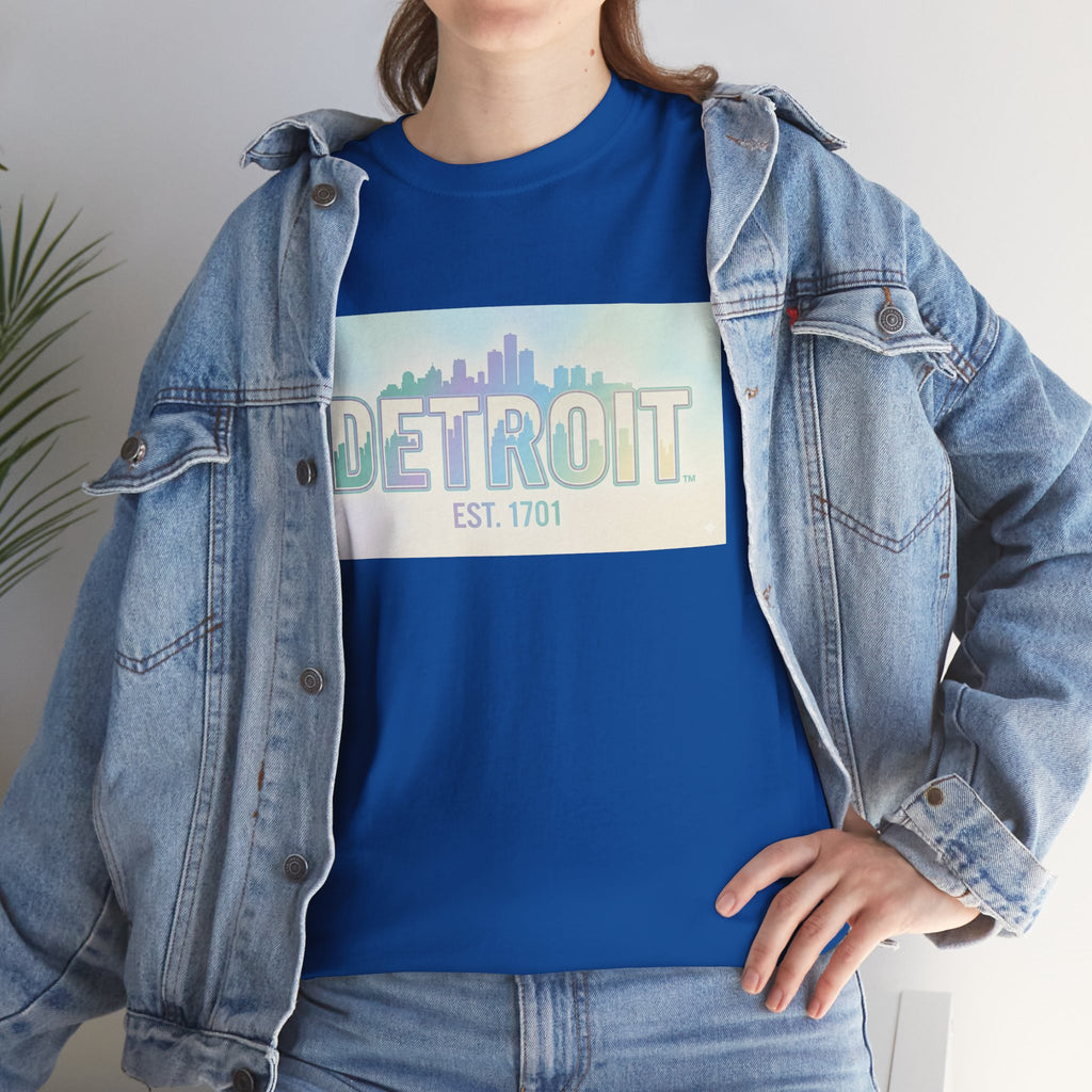 Women's Detroit Skyline T Shirt — Pastel Retro Cityscape "DETROIT Est. 1701"