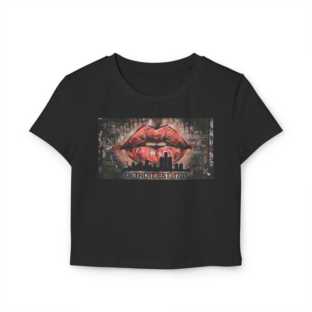 Women's Detroit Peach Lips Crop Baby Tee — Graffiti Skyline Graphic