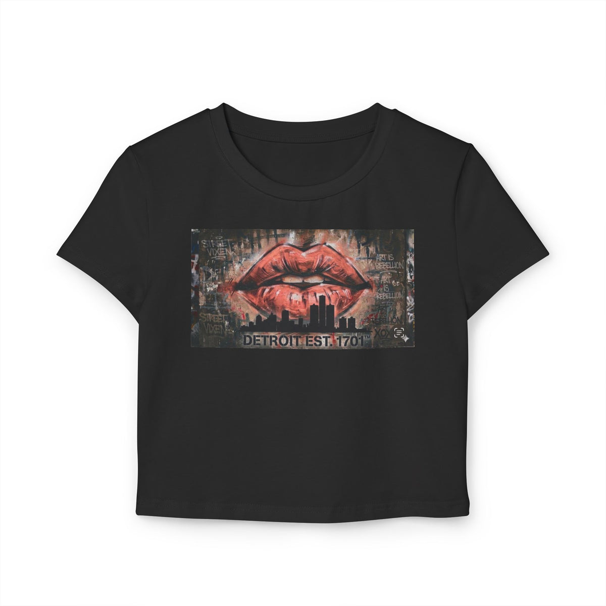 Women's Detroit Peach Lips Crop Baby Tee — Graffiti Skyline Graphic