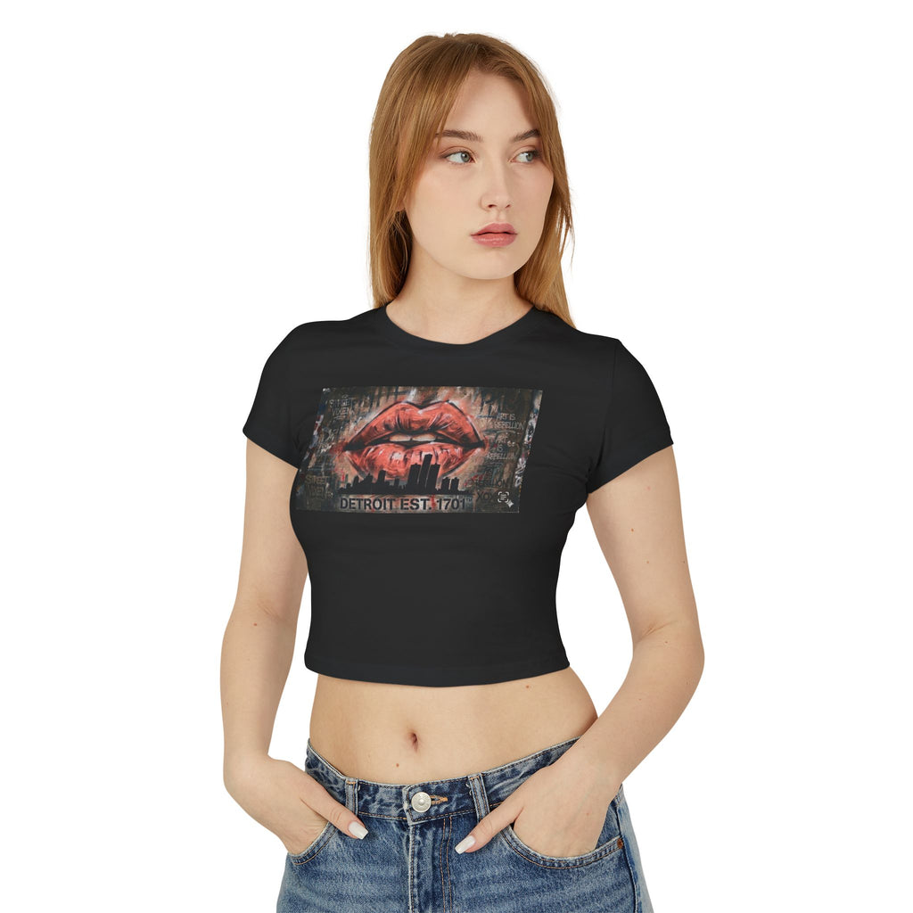 Women's Detroit Peach Lips Crop Baby Tee — Graffiti Skyline Graphic