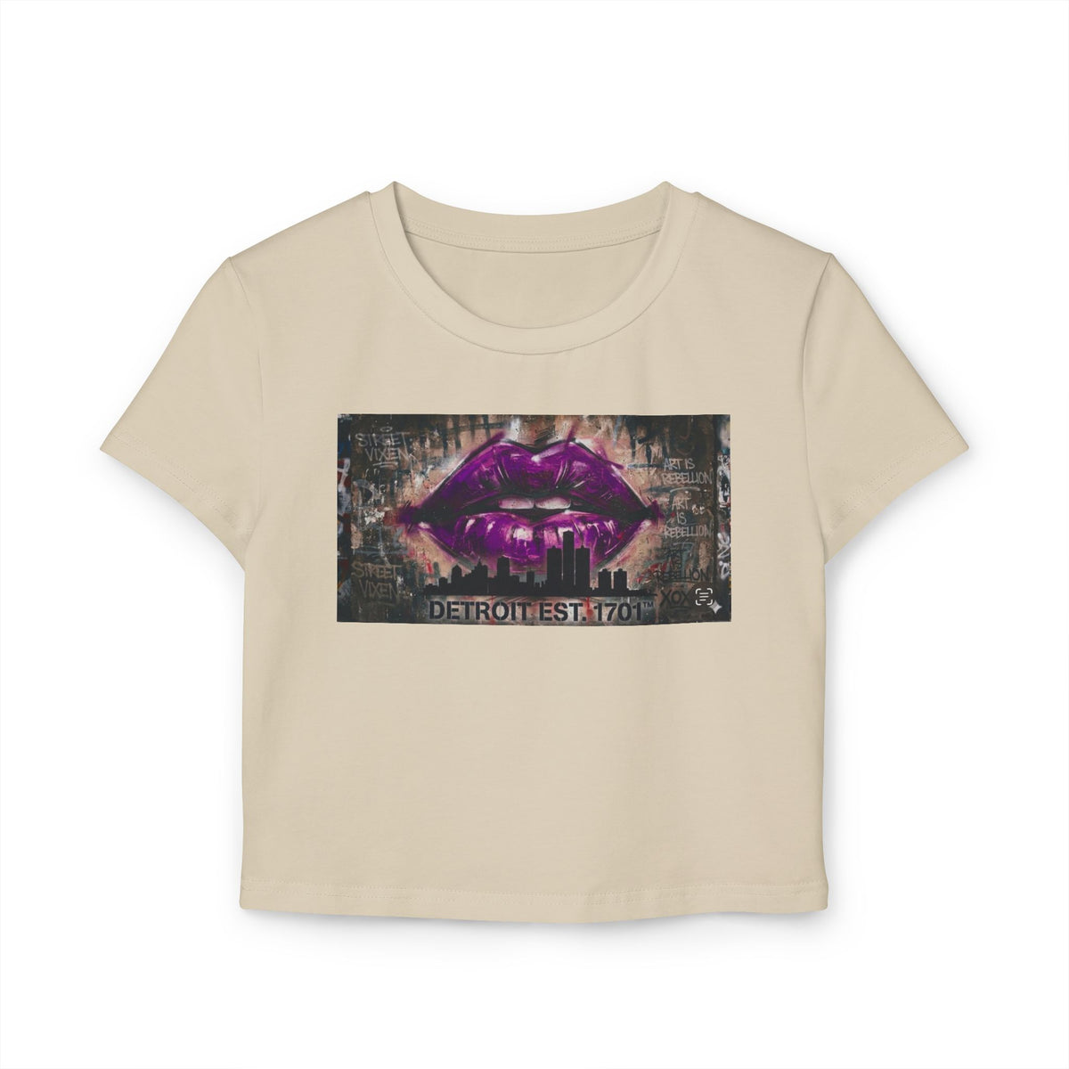 Women's Detroit Purple Lips Crop Baby Tee — Graffiti Skyline Graphic