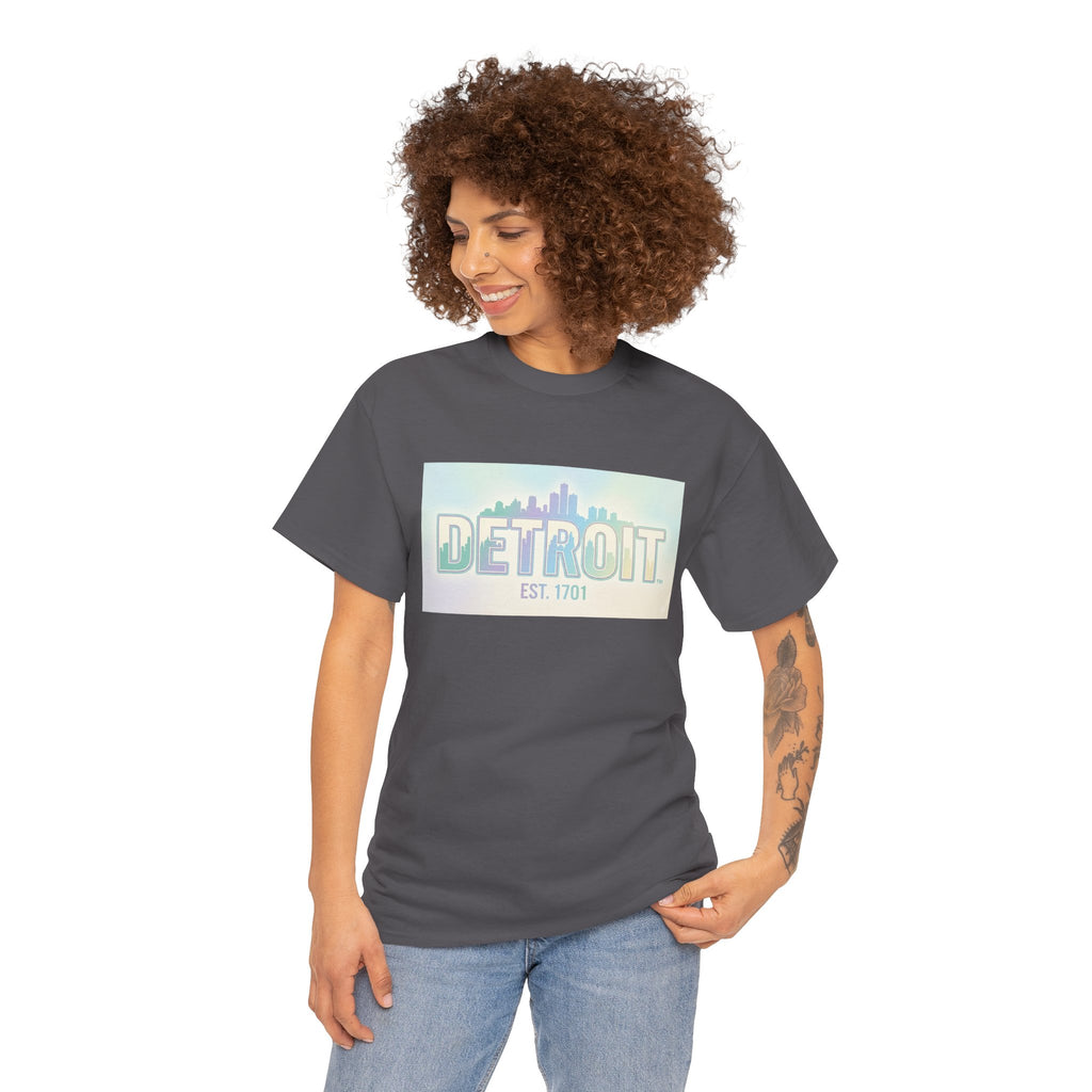 Women's Detroit Skyline T Shirt — Pastel Retro Cityscape "DETROIT Est. 1701"