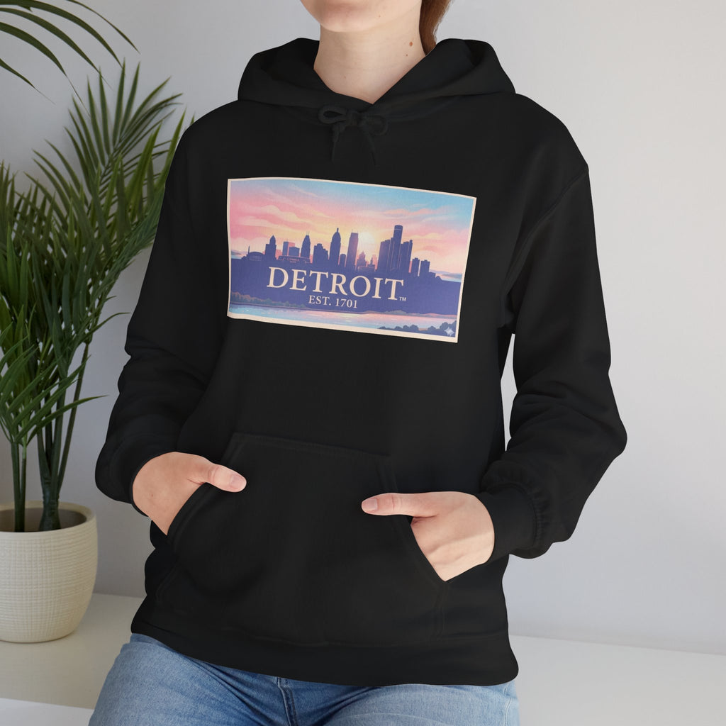 Women's Detroit Skyline Hoodie – Pastel Sunrise Cityscape