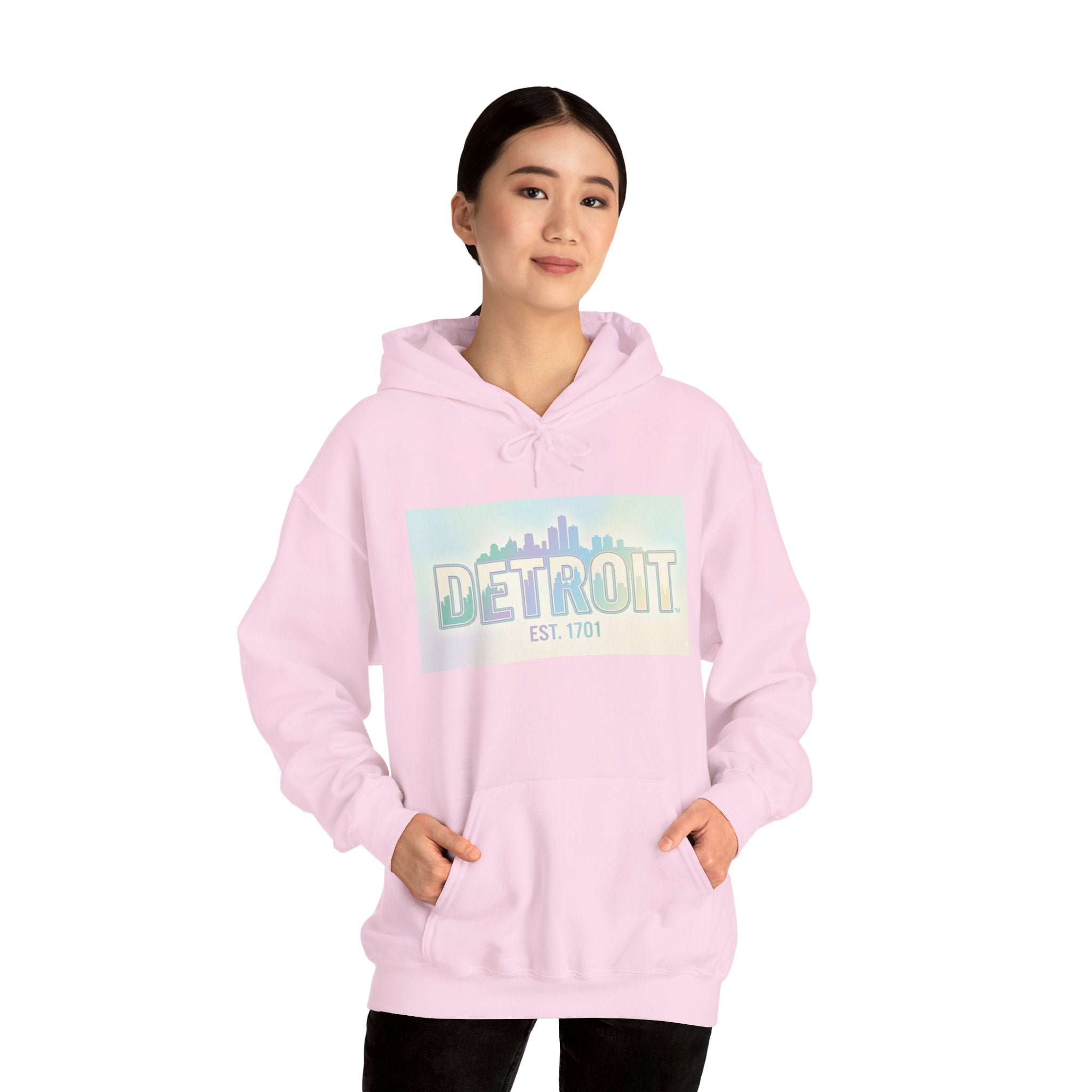 Women's Detroit Skyline Hoodie — Pastel Retro Cityscape "DETROIT Est. 1701"
