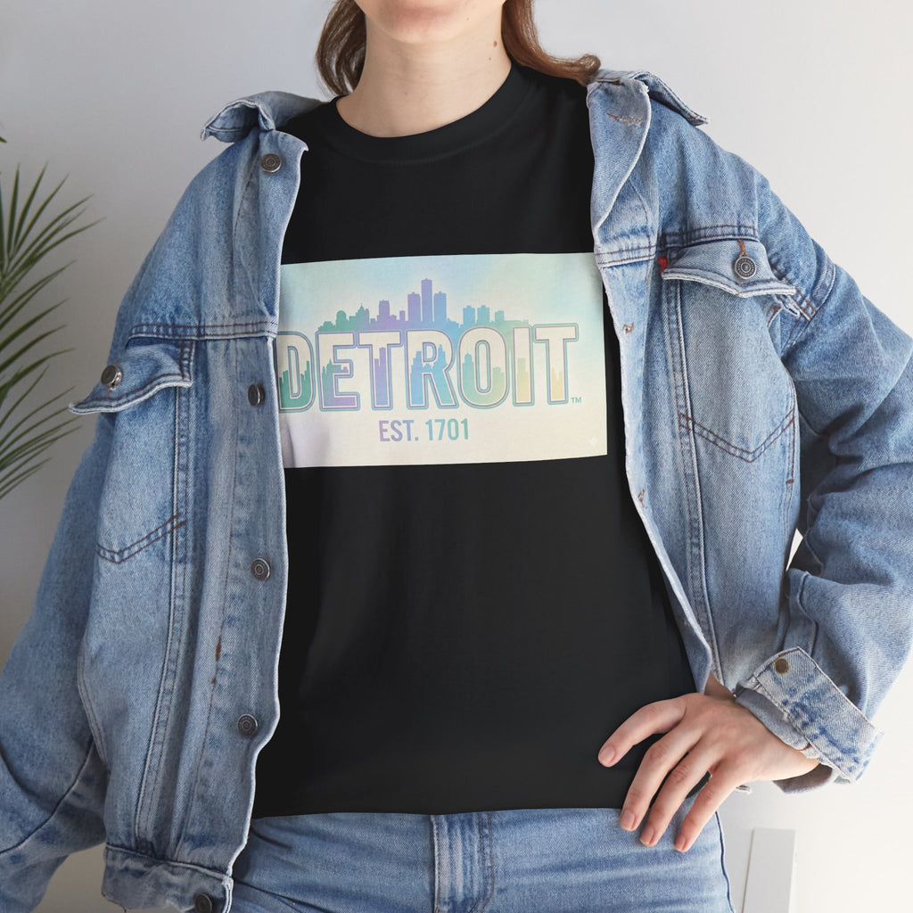 Women's Detroit Skyline T Shirt — Pastel Retro Cityscape "DETROIT Est. 1701"