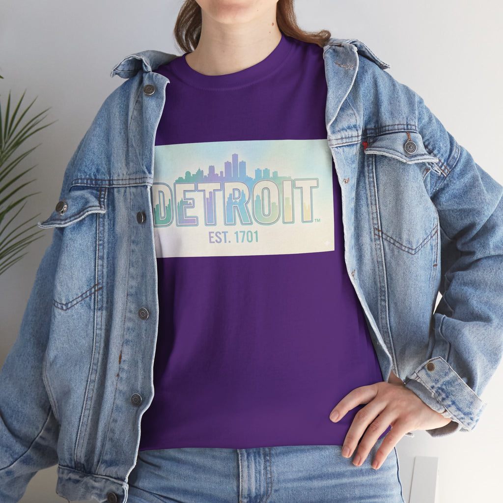 Women's Detroit Skyline T Shirt — Pastel Retro Cityscape "DETROIT Est. 1701"