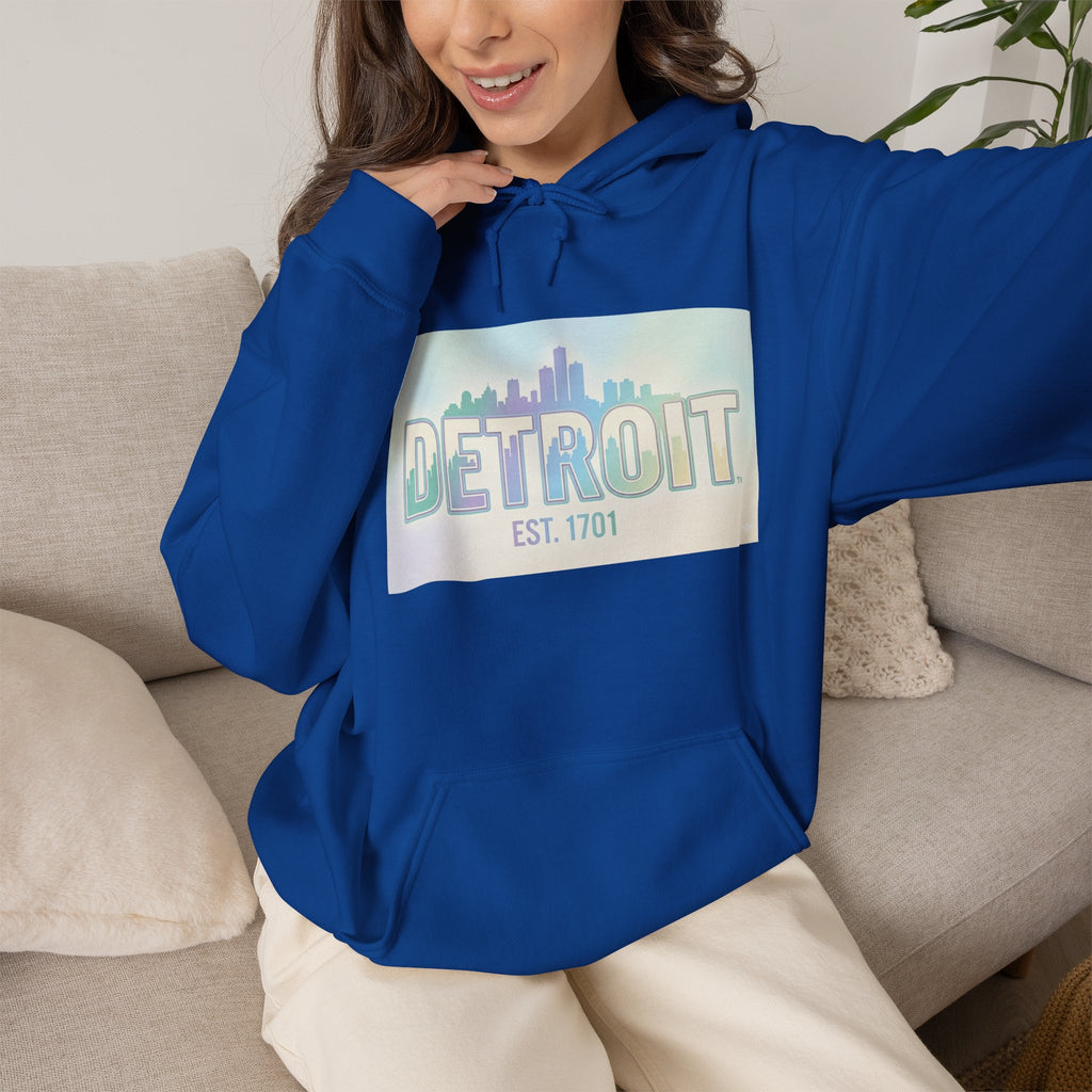 Women's Detroit Skyline Hoodie — Pastel Retro Cityscape "DETROIT Est. 1701"