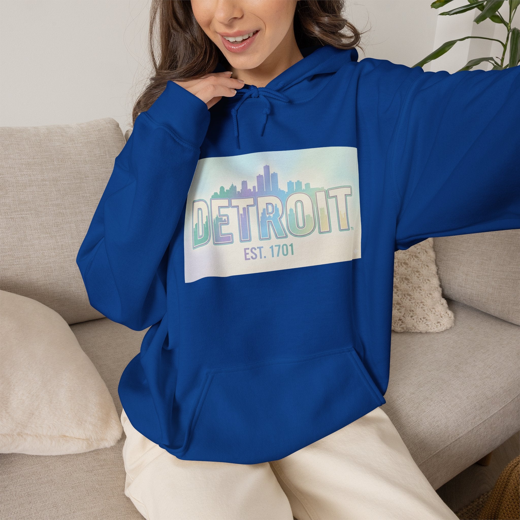 Women's Detroit Skyline Hoodie — Pastel Retro Cityscape "DETROIT Est. 1701"