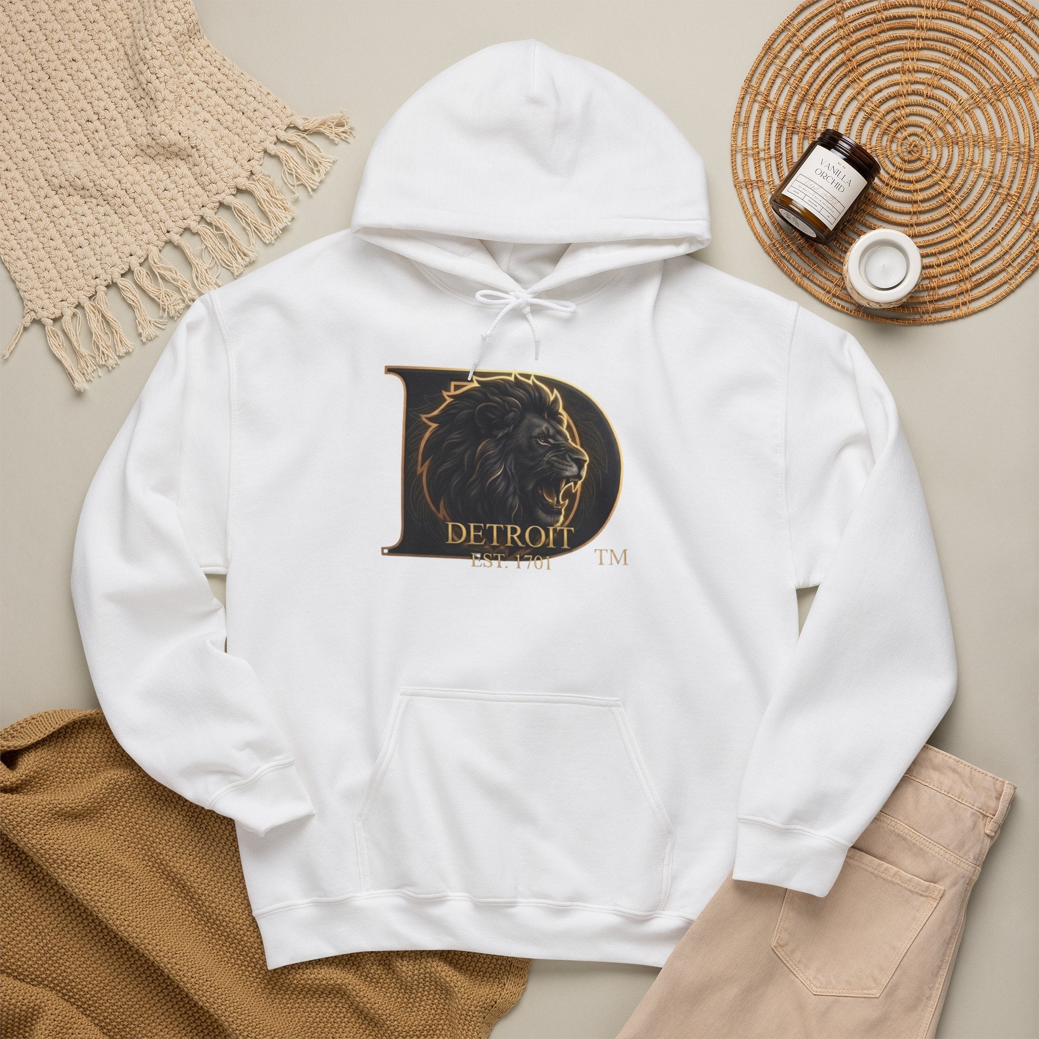 Detroit Pride Lion D Hoodie — Gold Monogram Graphic Pullover | Motor City Heritage