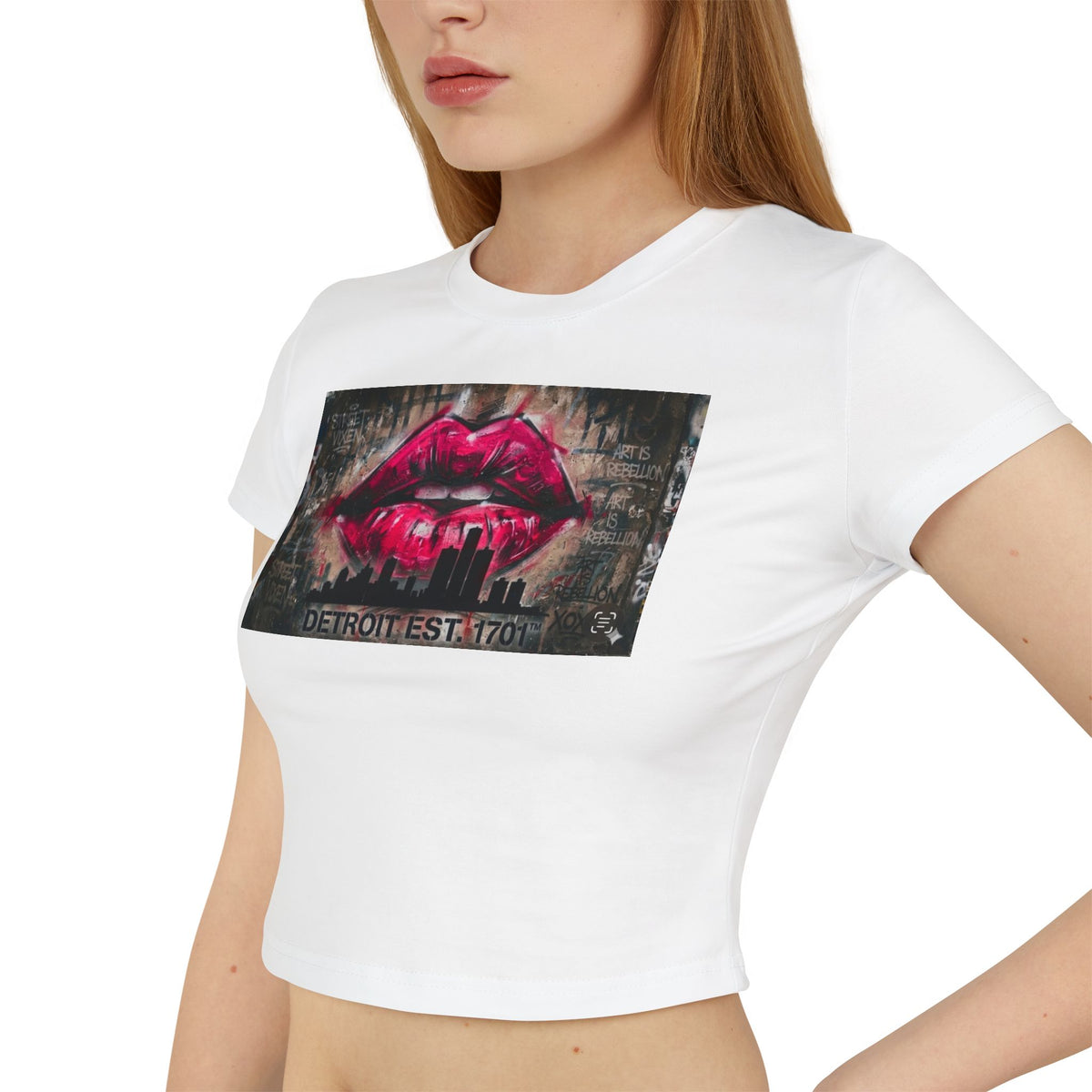 Women's Detroit Pink Lips Crop Baby Tee — Graffiti Skyline Graphic