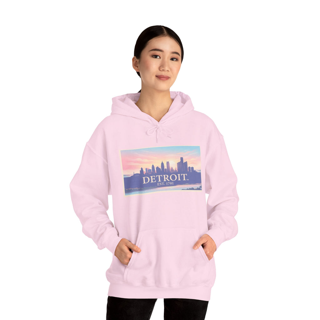 Women's Detroit Skyline Hoodie – Pastel Sunrise Cityscape