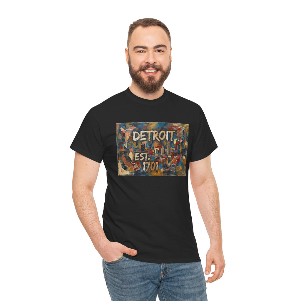 Detroit Abstract Painterly Mural T-Shirt — "DETROIT" Graphic Cotton Tee | Motor City Street Art