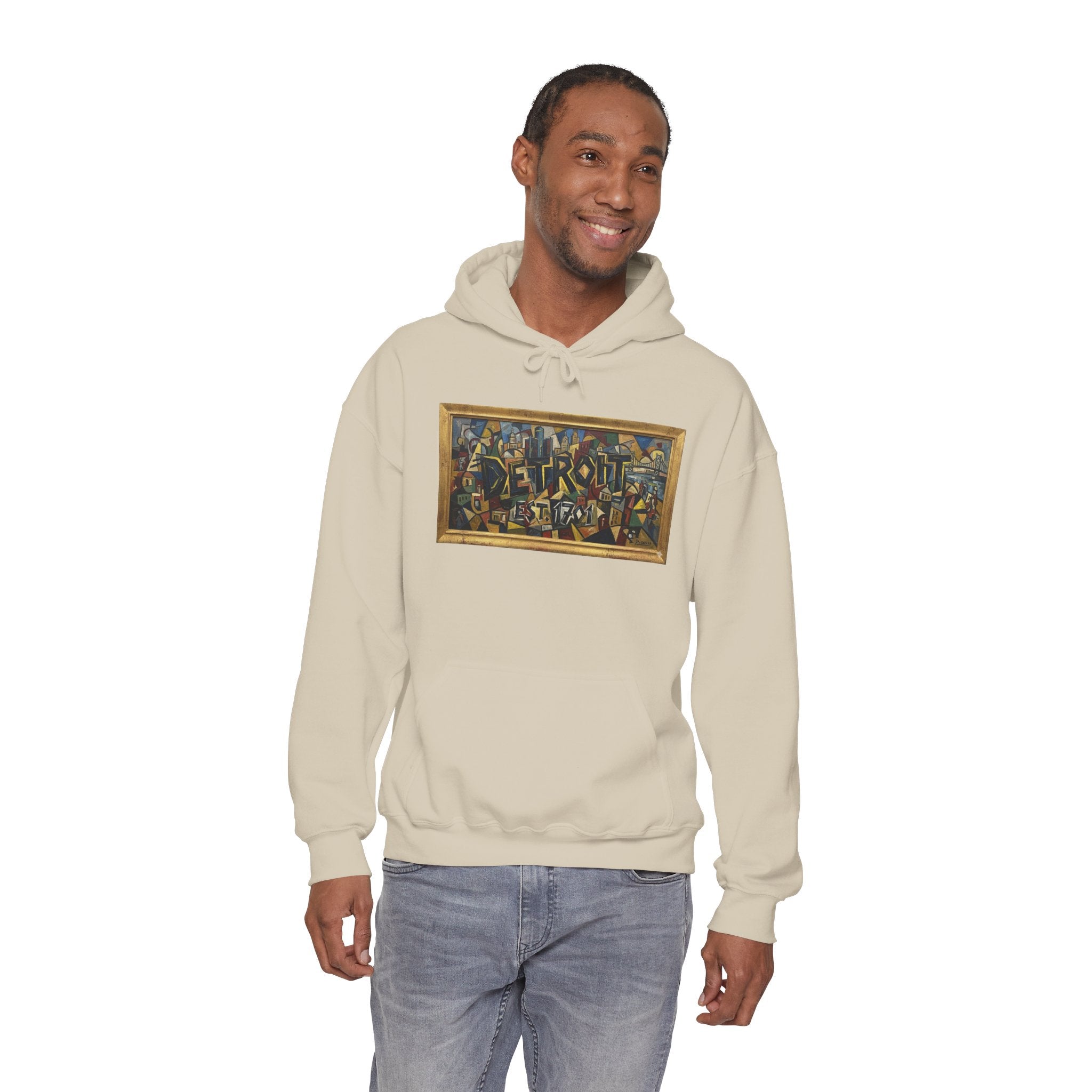 Detroit Abstract Cubist Art Hoodie — Framed Modern Painting Graphic Pullover | Motor City Culture
