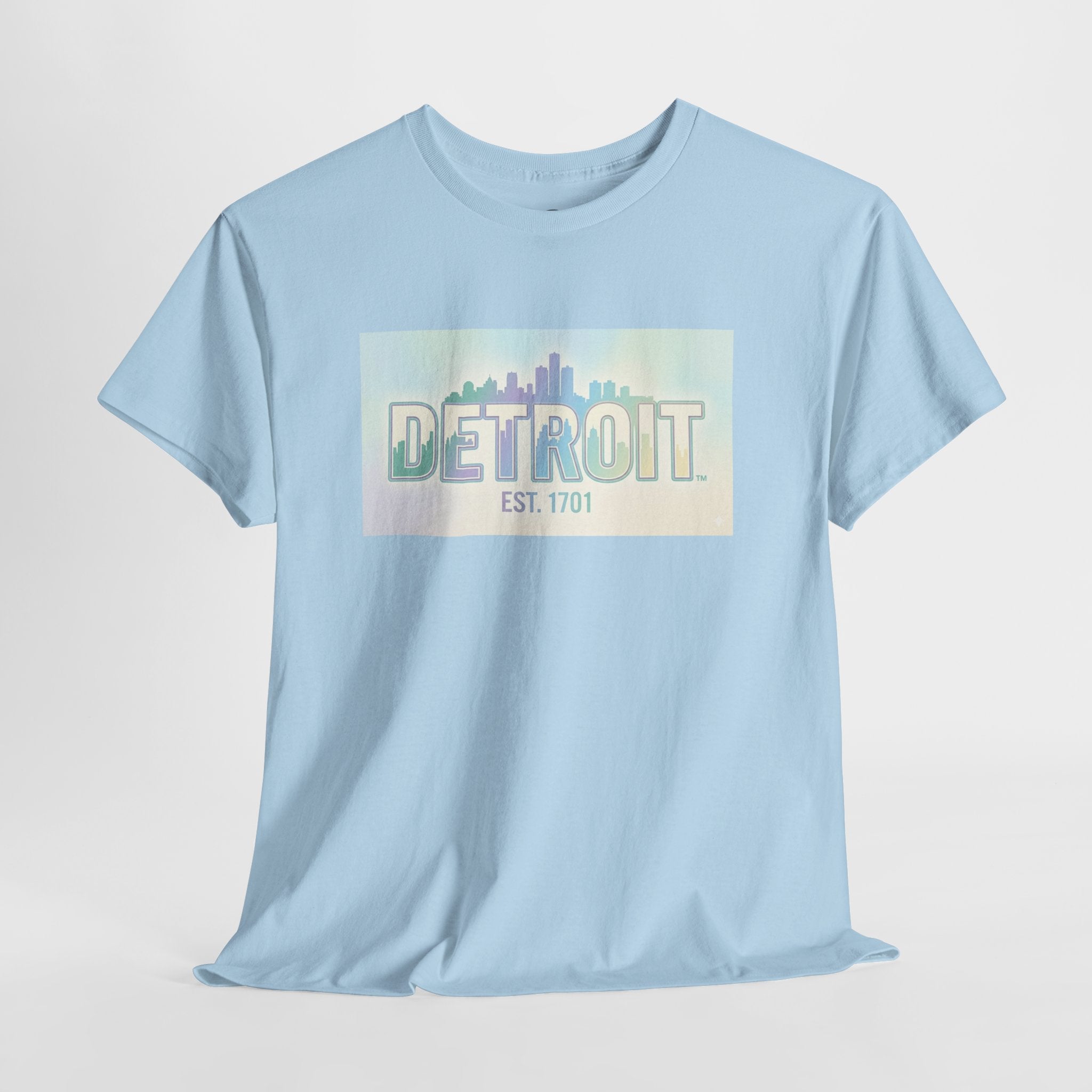 Women's Detroit Skyline T Shirt — Pastel Retro Cityscape "DETROIT Est. 1701"