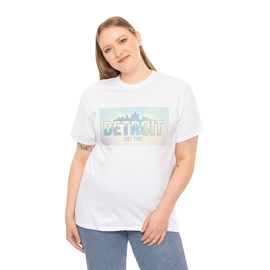 Women's Detroit Skyline T Shirt — Pastel Retro Cityscape "DETROIT Est. 1701"