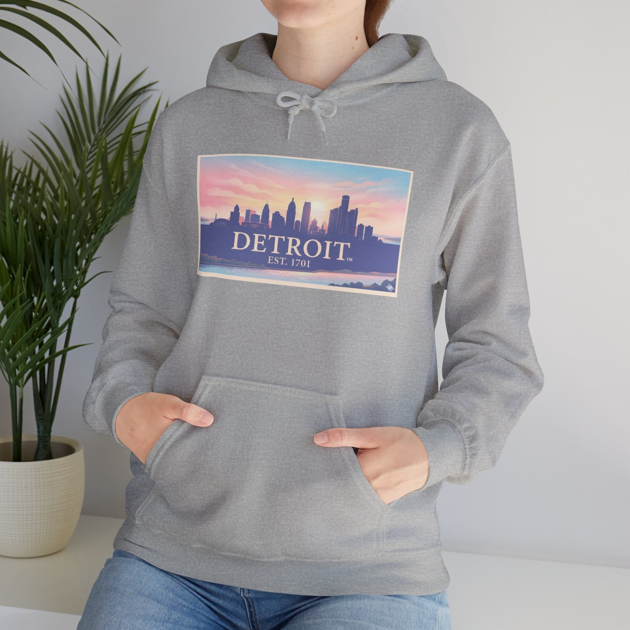 Women's Detroit Skyline Hoodie – Pastel Sunrise Cityscape