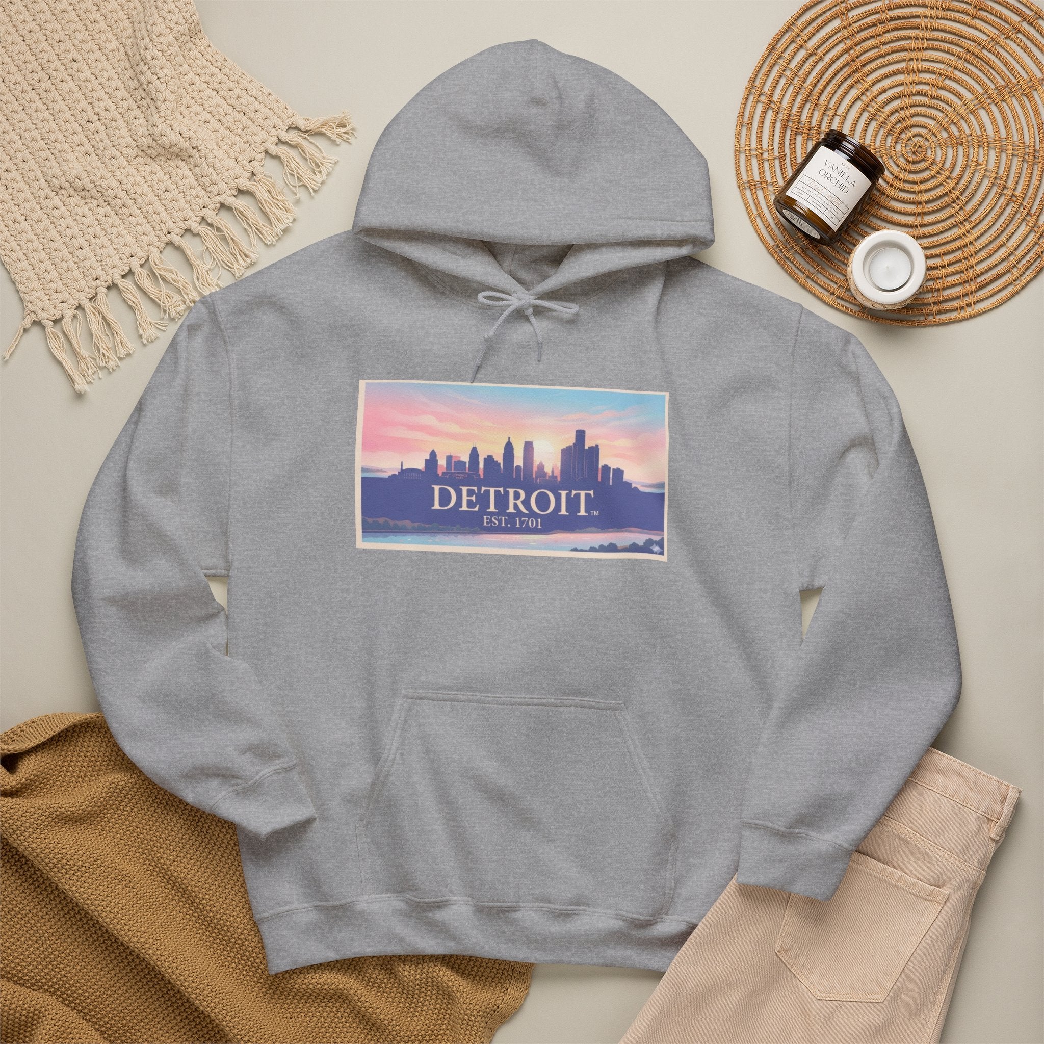 Women's Detroit Skyline Hoodie – Pastel Sunrise Cityscape