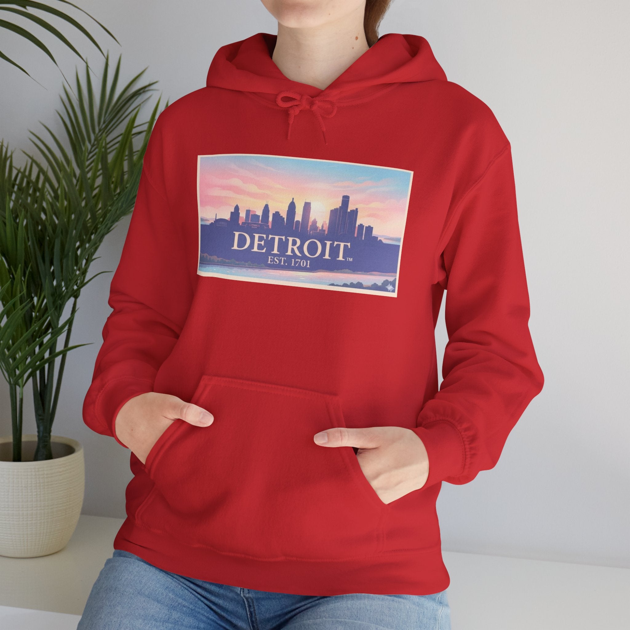 Women's Detroit Skyline Hoodie – Pastel Sunrise Cityscape
