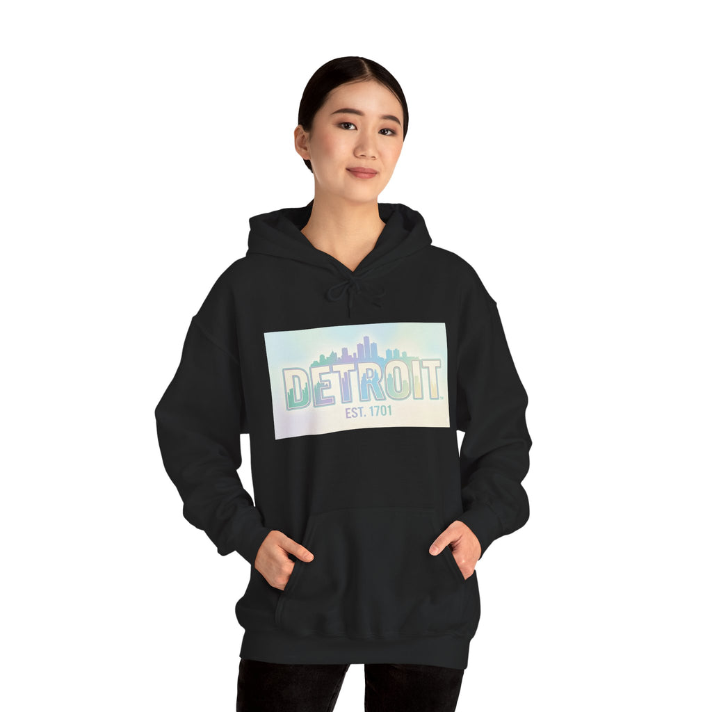 Women's Detroit Skyline Hoodie — Pastel Retro Cityscape "DETROIT Est. 1701"