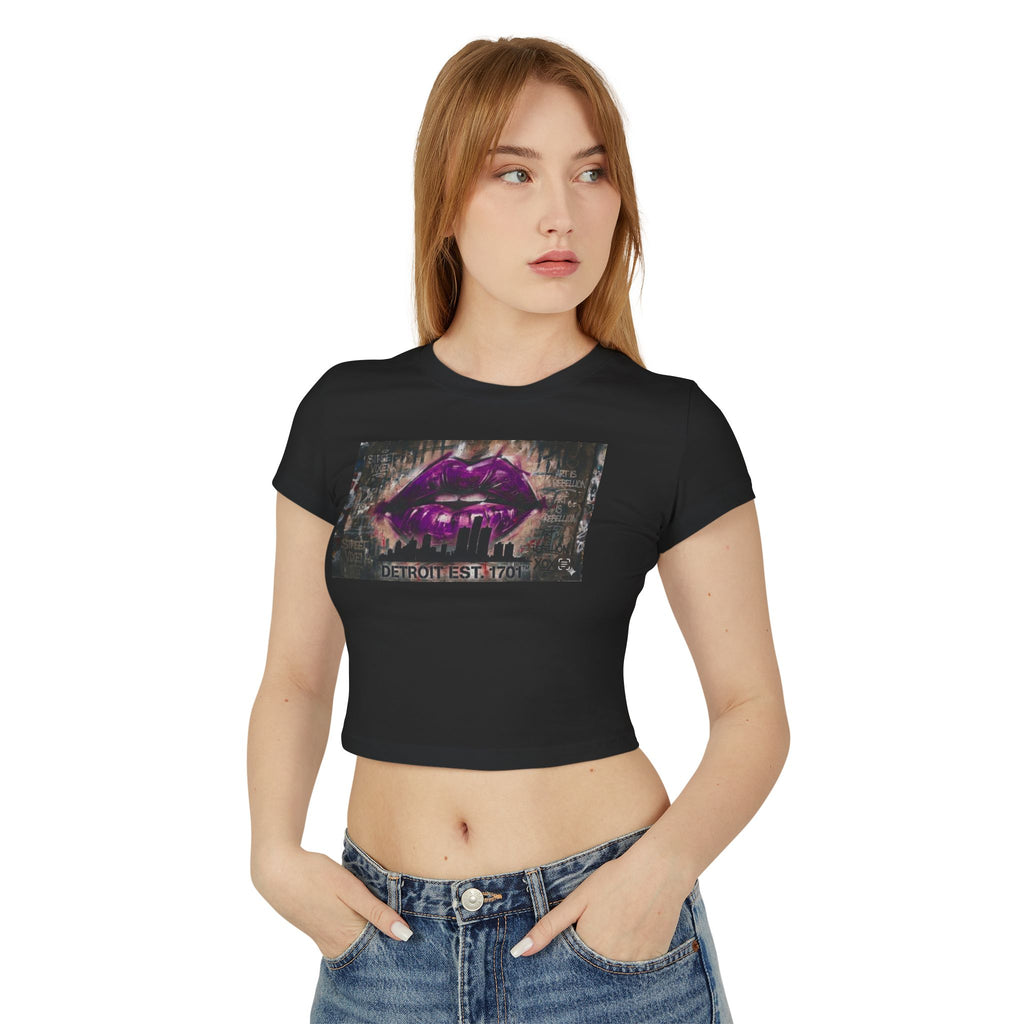 Women's Detroit Purple Lips Crop Baby Tee — Graffiti Skyline Graphic